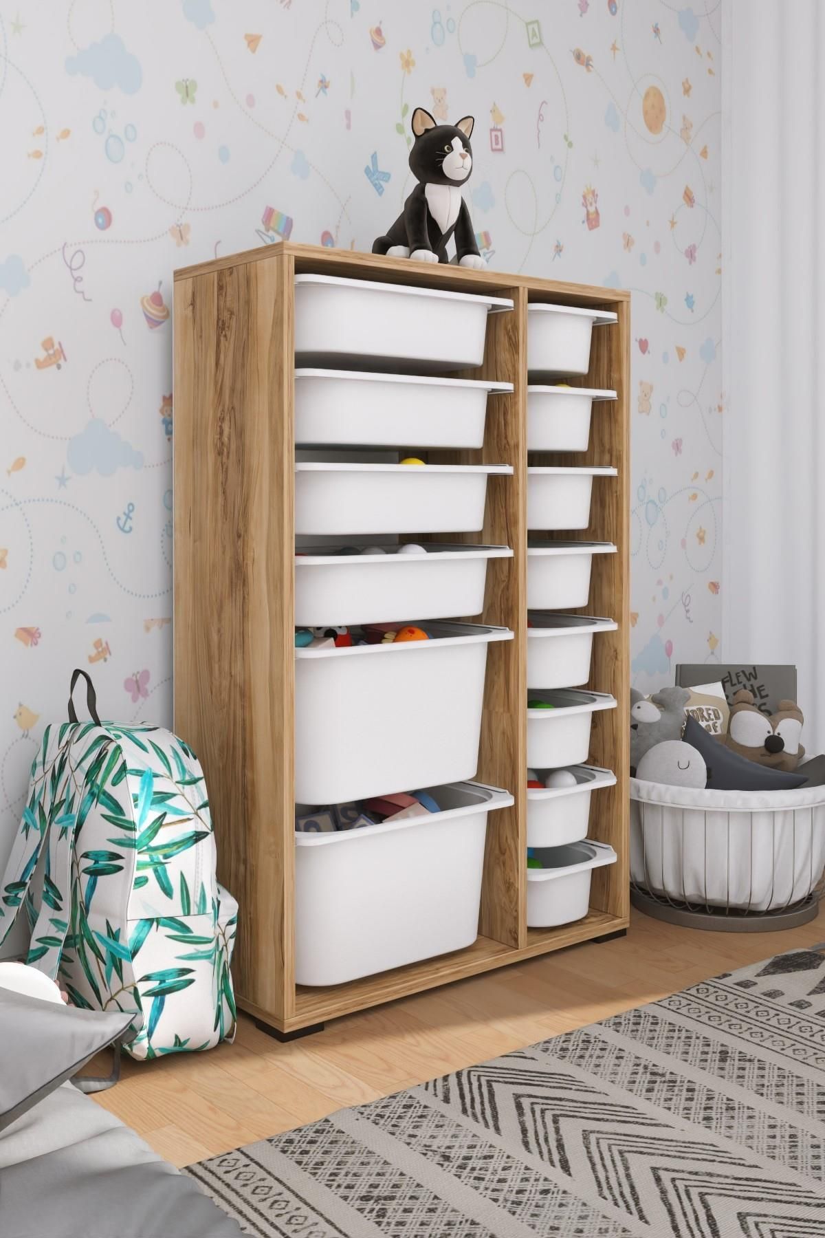 Kahverengi Rine 14 Sepetli Çok Amaçlı Oyuncak Dolabı Tropik Ceviz 2D4K8U 109 cm 30 cm Suntalam 70 c