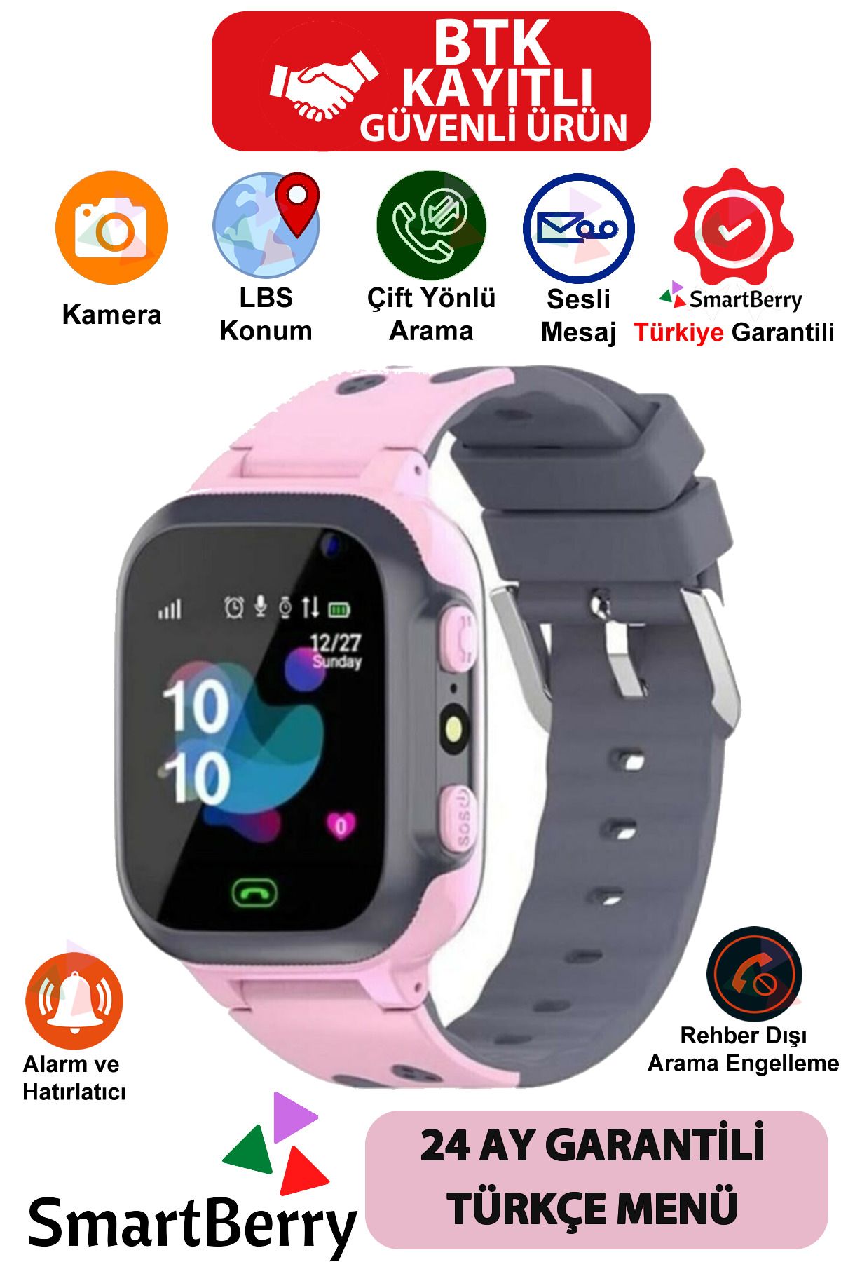 Çocuk Konum Takipli Sim Kart Girişli Lbs Ve Sos Özellikli Akıllı Saat - Pembe