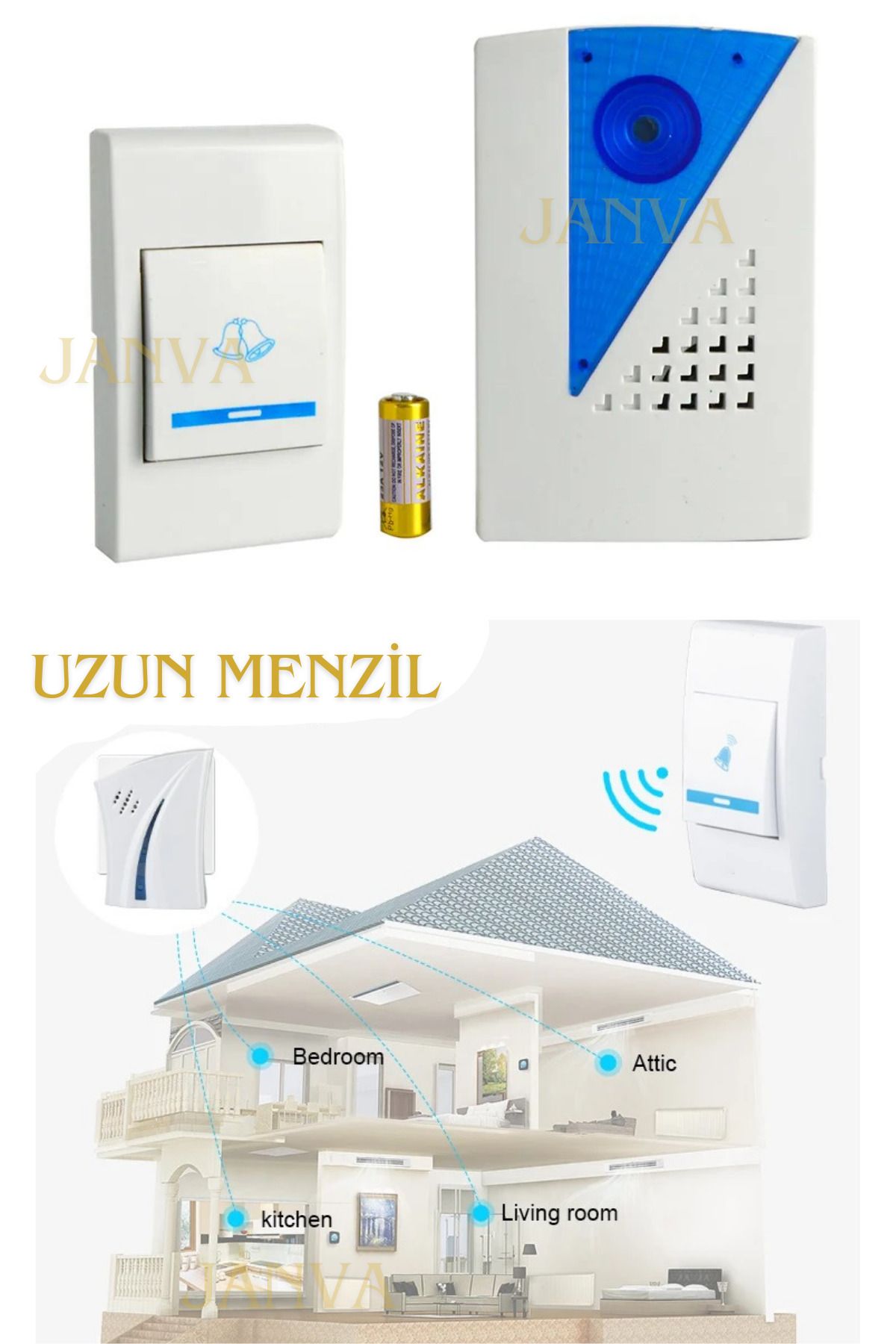 36 Melodi Lüks Uzaktan Kumandalı Kablosuz Kapı Zili 100 Metre Yeni Model Pil Tasarruf Modlu