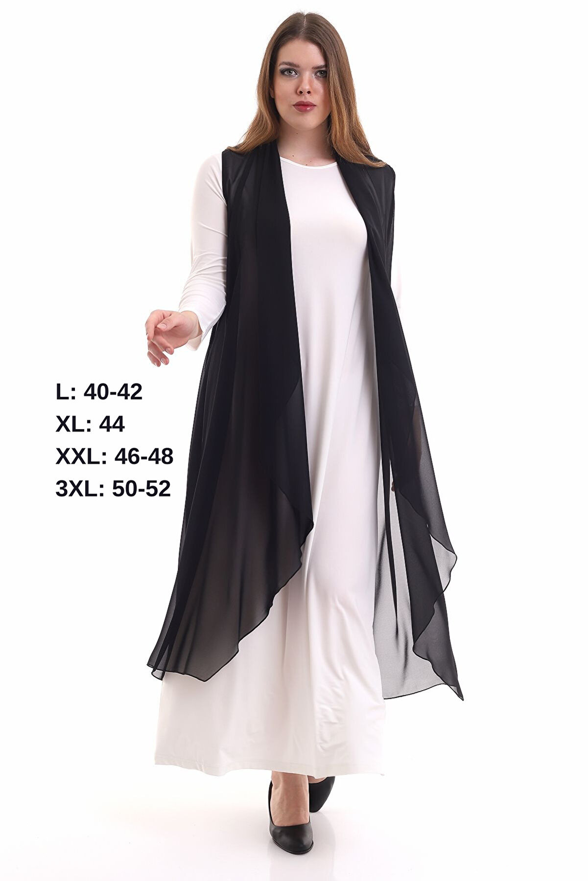 Siyah Dökümlü Bol Kalıp Uzun Şifon Yelek