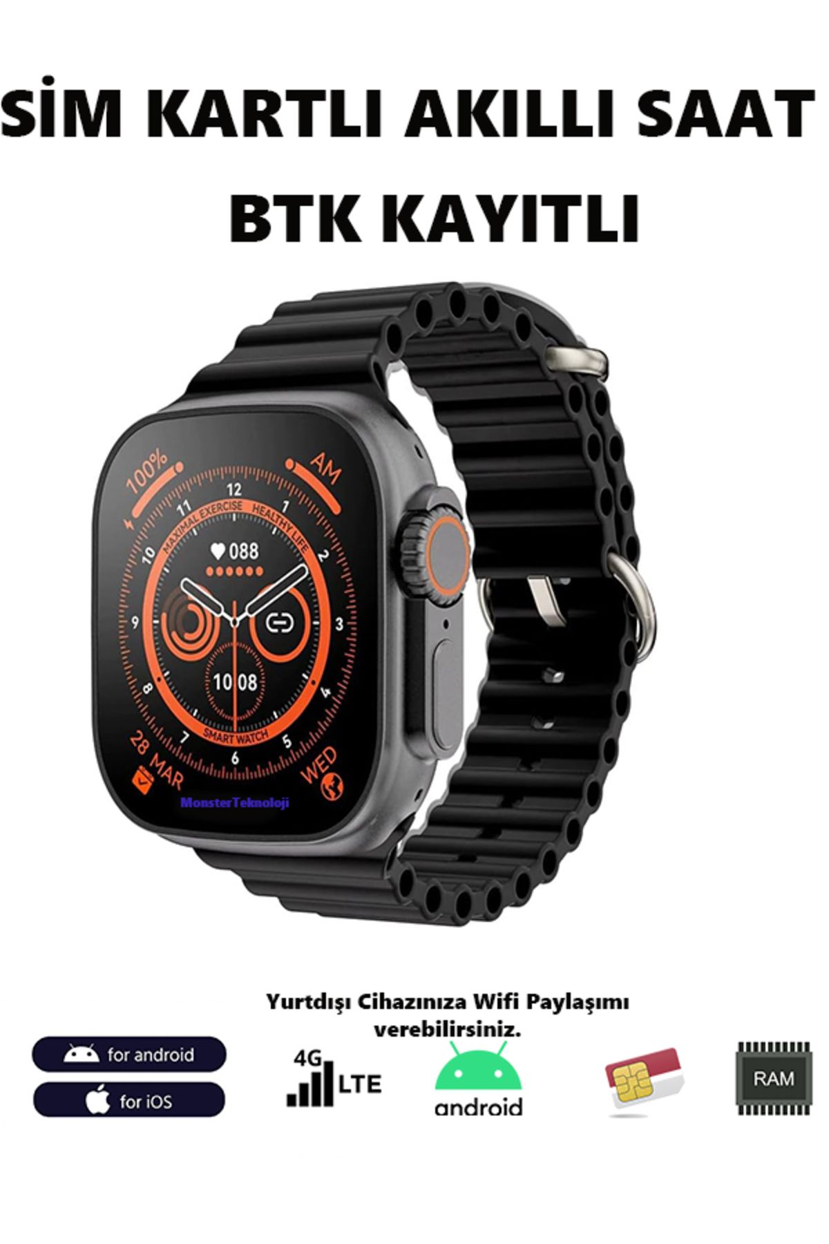Watch S8 Ultra Sim Kartlı 4g 2gb Ram 32gb Hafıza 13.1 Android App Yükleme Btk Kayıtlı 24ay Garanti