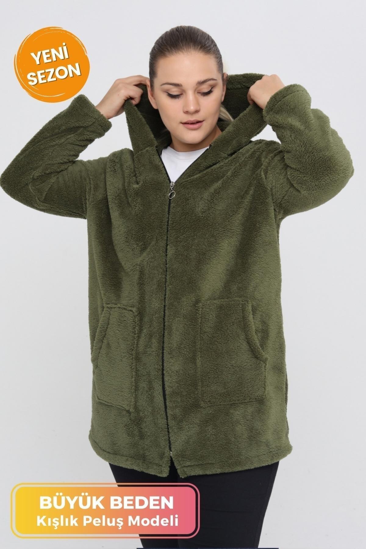 Büyük Beden Sıcak Tutan Peluş Sweat Fermuarlı Kapüşonlu 2 Cepli Örme Peluş Polar Sweatshirt