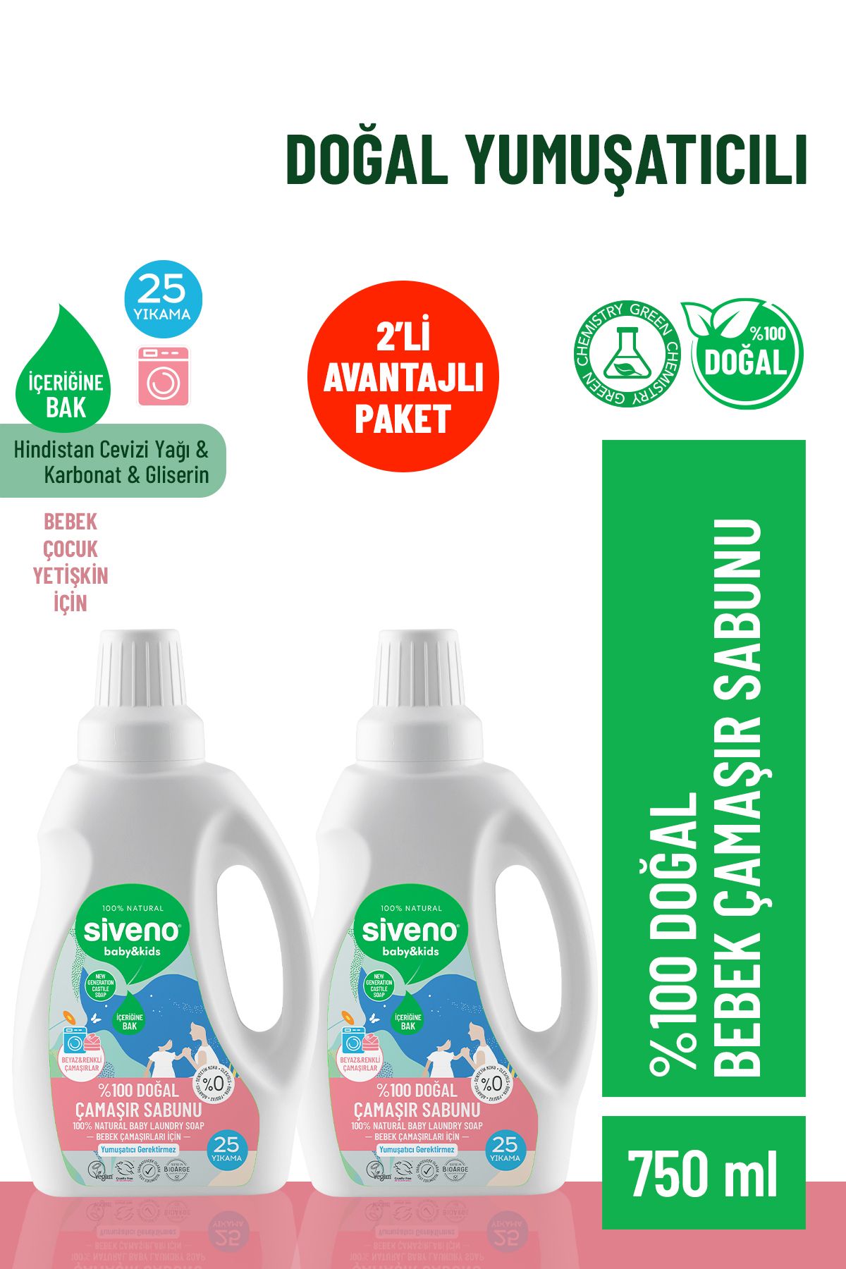 %100 Doğal Bebek Çamaşır Sabunu Kendinden Yumuşatıcılı Bitkisel Deterjan Konsantre 750 ml X2 Adet