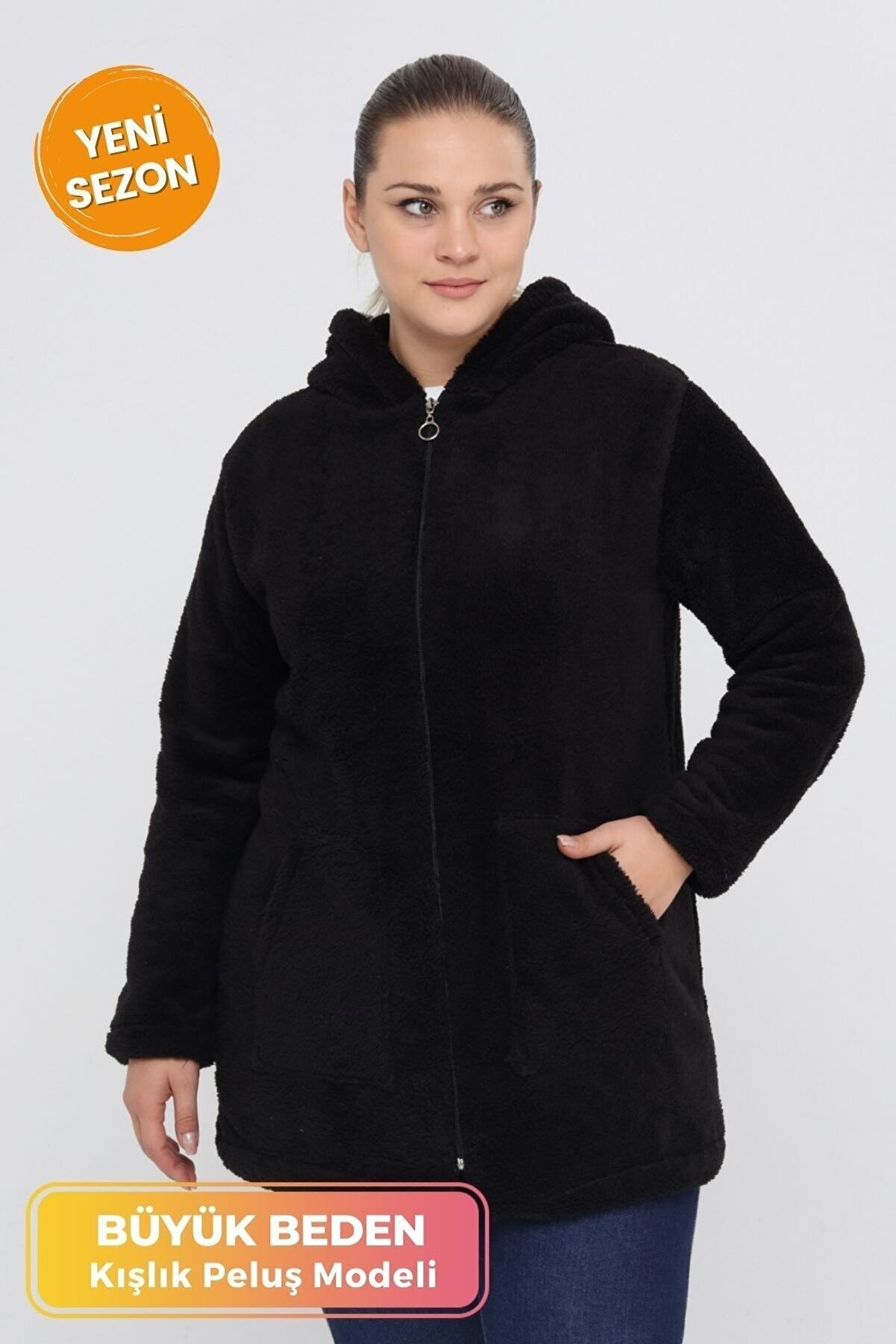 Büyük Beden Sıcak Tutan Peluş Sweat Fermuarlı Kapüşonlu 2 Cepli Örme Peluş Polar Sweatshirt