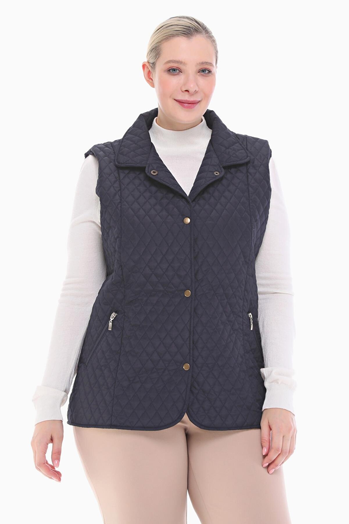 Kadın Büyük Beden Polo Yaka Lacivert Kapitone Yelek 1028