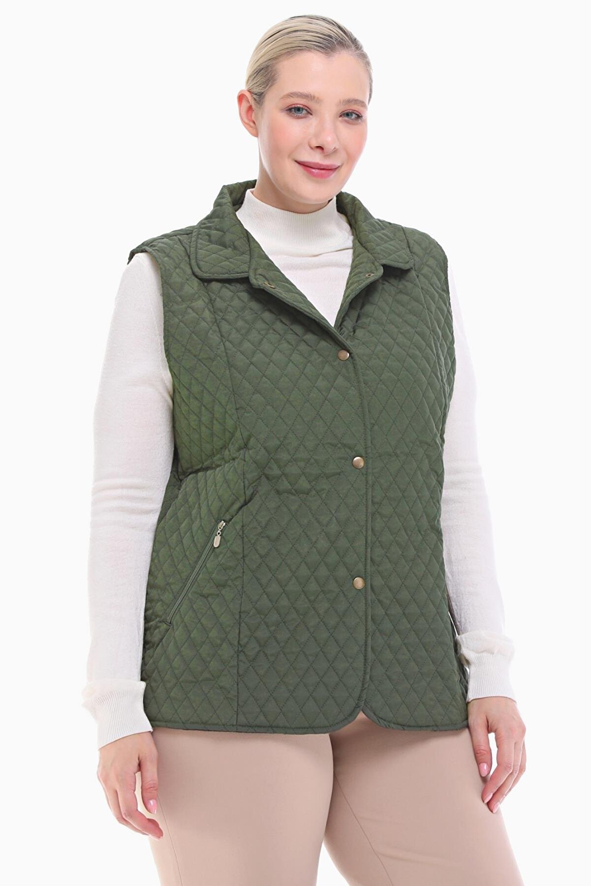 Kadın Büyük Beden Polo Yaka Haki Kapitone Yelek 1028