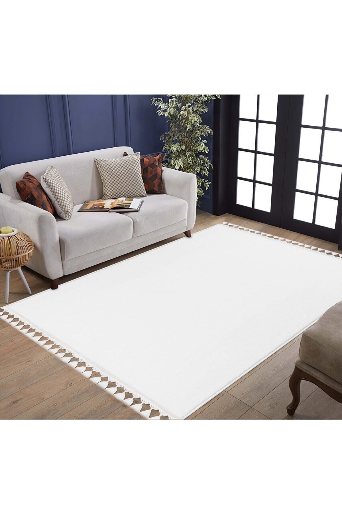 Vl Comfort Ponpon Saçaklı Peluş Halı Beyaz