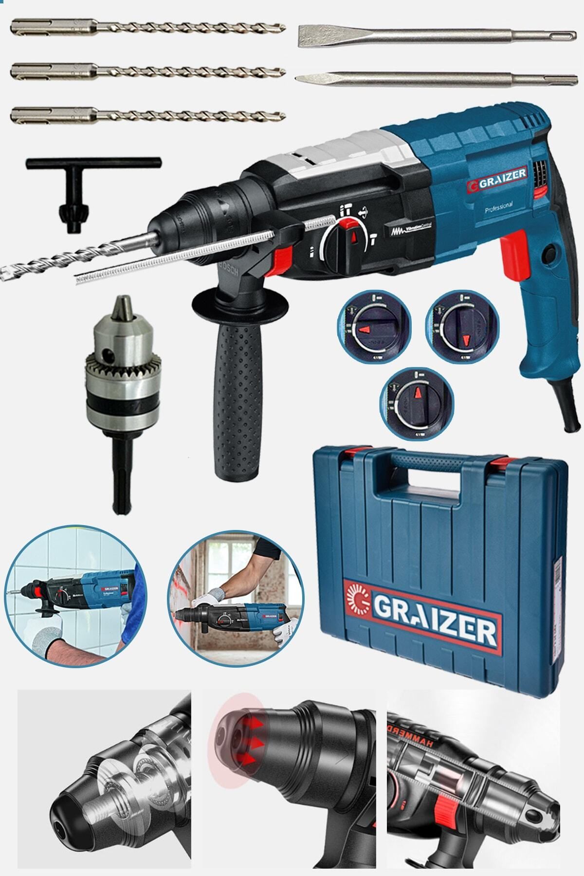 Alman 3000 W Bakir Sargili Kırıcı Delici Hilti Matkap Metal Şanzumanlı + 5 Adet Uç Yedek Mandren Gri