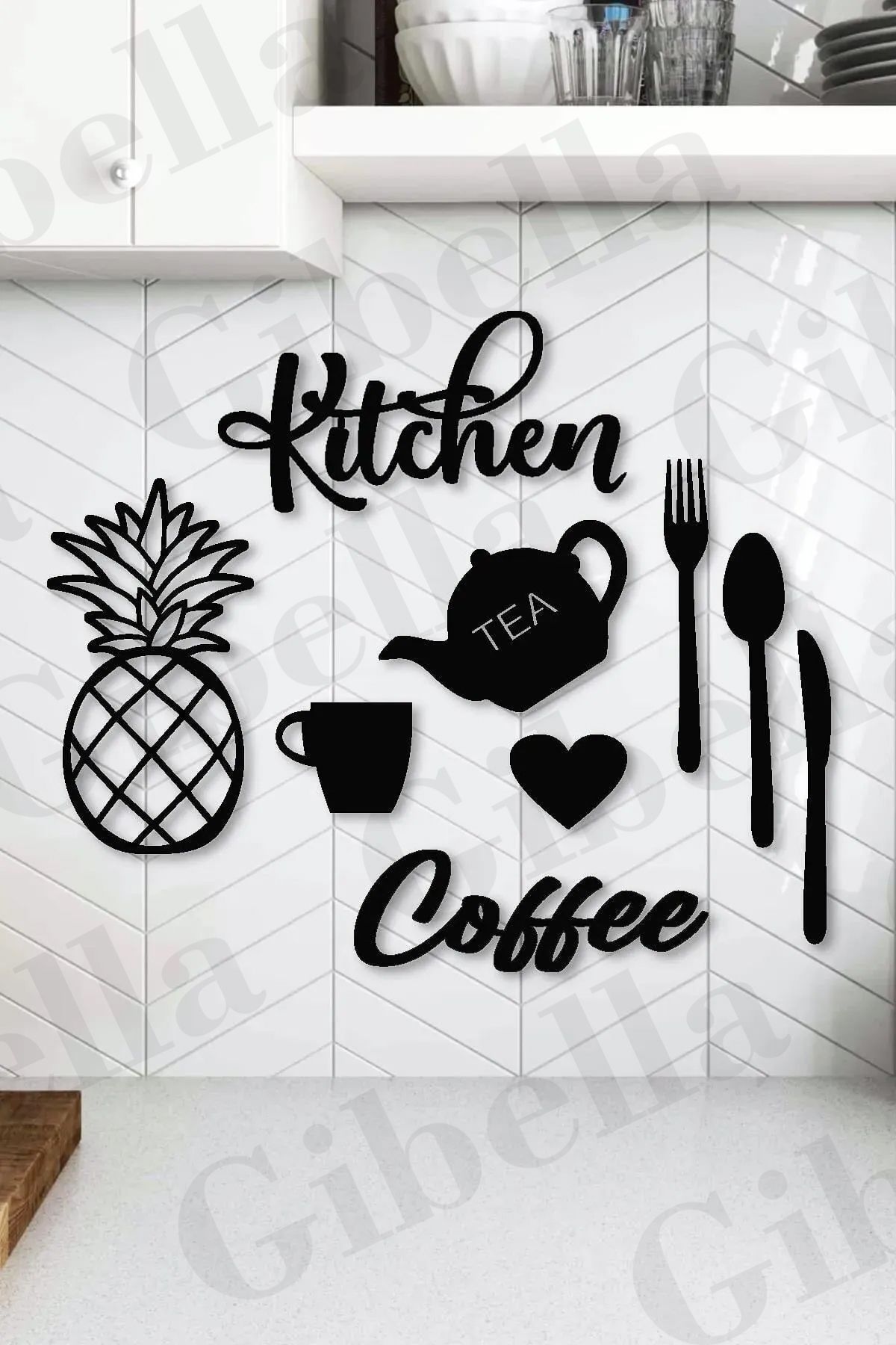 Kitchen Mutfak Kahve Köşesi Ananas 9 Parça Lazer Kesim Ahşap Duvar Dekorasyon Ürünü Duvar Süsü Tablo