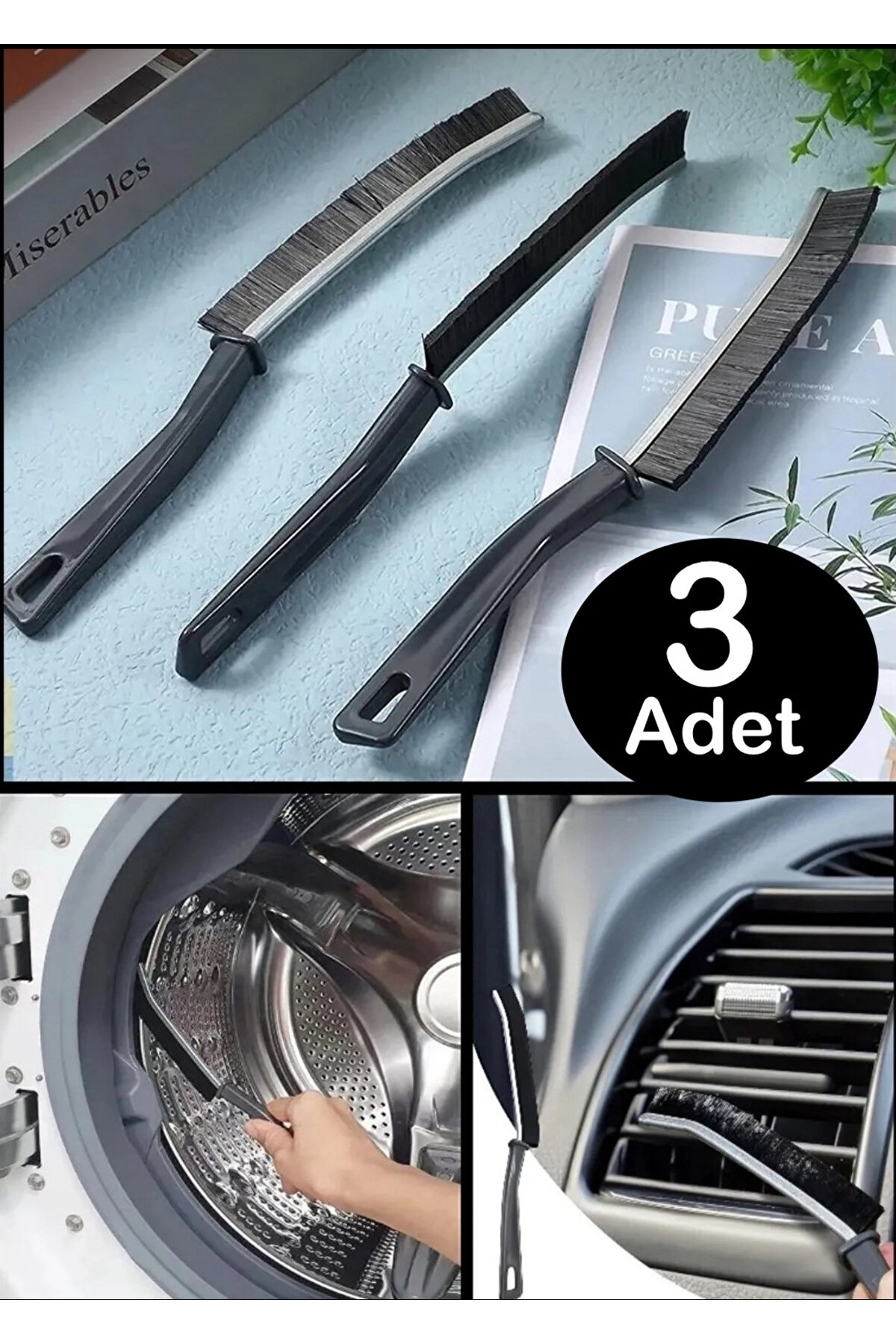3 Adet Çok Amaçlı Ince Temizlik Fırçası - Derz Arası Banyo Mutfak Lavabo Detay Temizleme Fırçası