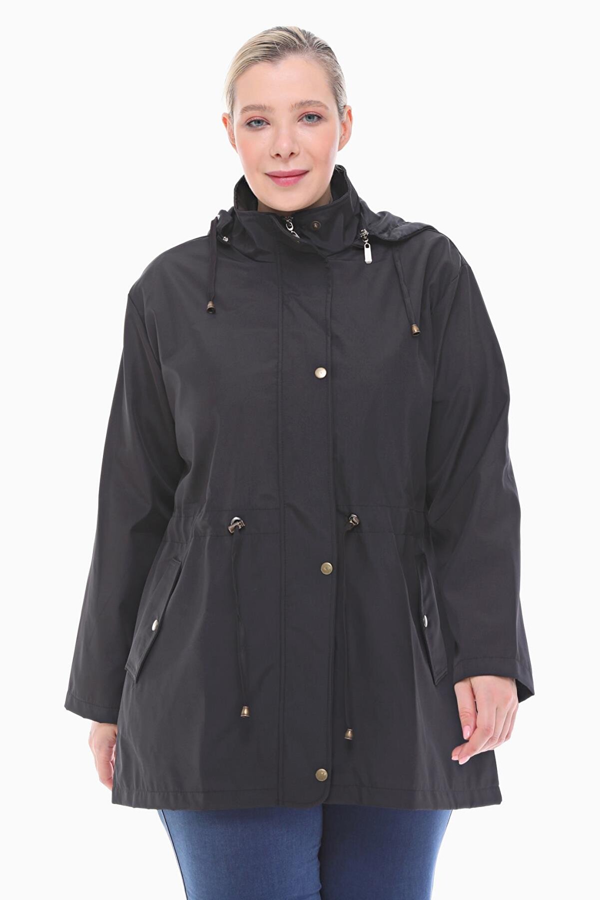 Kadın Büyük Beden Kapüşonlu Siyah Kısa Trençkot 1001