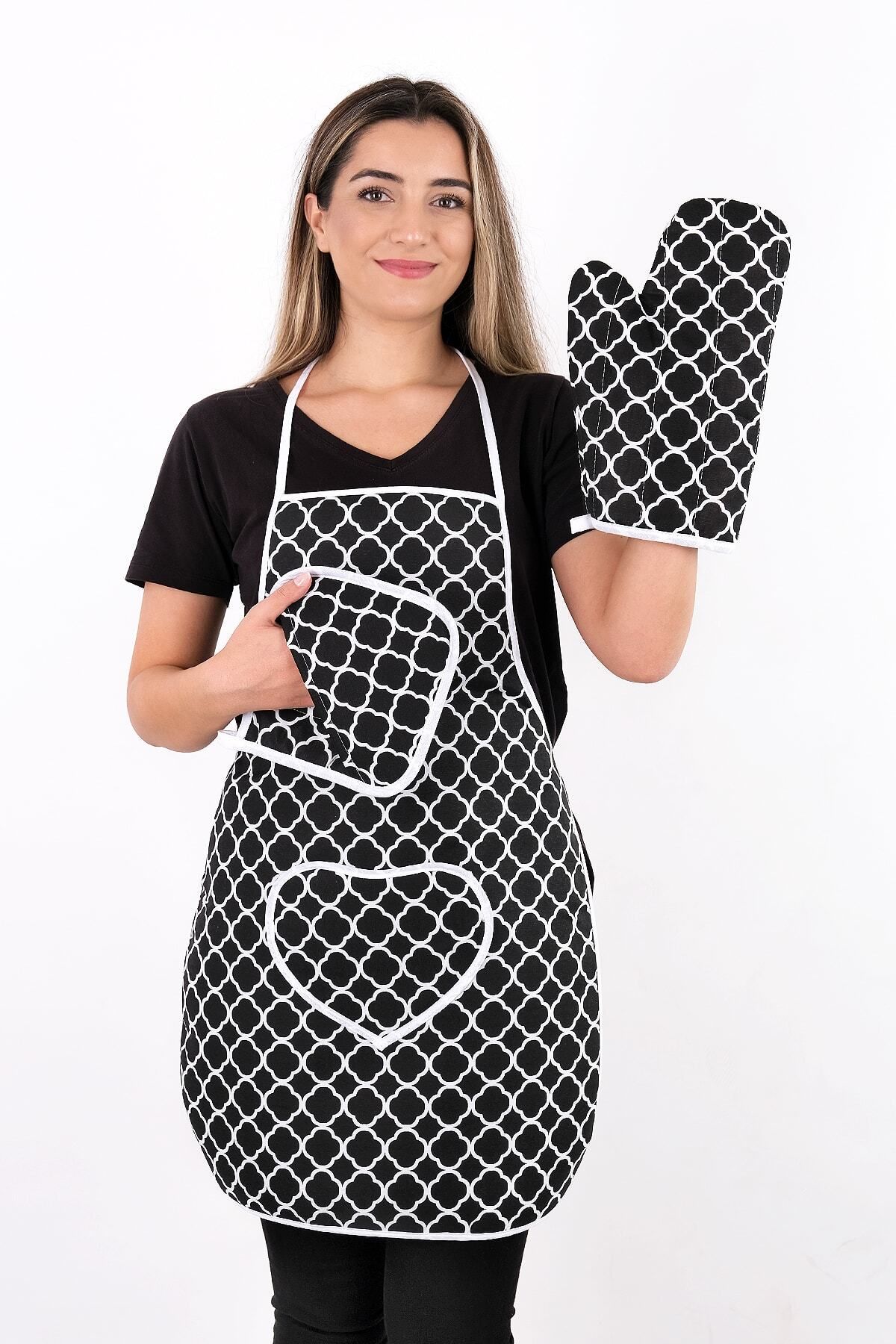 Trendy 3lü Set Su Geçirmez Mutfak Önlüğü Çeyiz Seti Isıya Dayanıklı Fırın Eldiveni Ve Tutacak Takımı