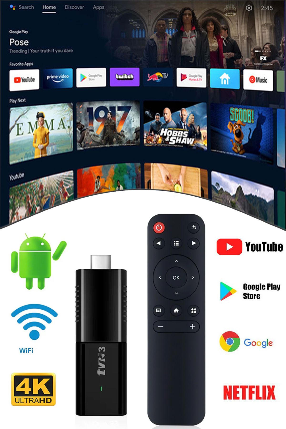 Ultra HD Android Tv Box 4K Stick Medya Oynatıcı Smart Tv Wifi