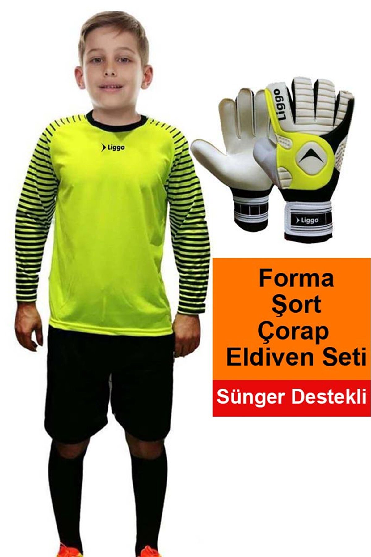 Çocuk Kaleci Eldiveni Sünger Destekli Çocuk Kaleci Forma Şort Çorap Takımı