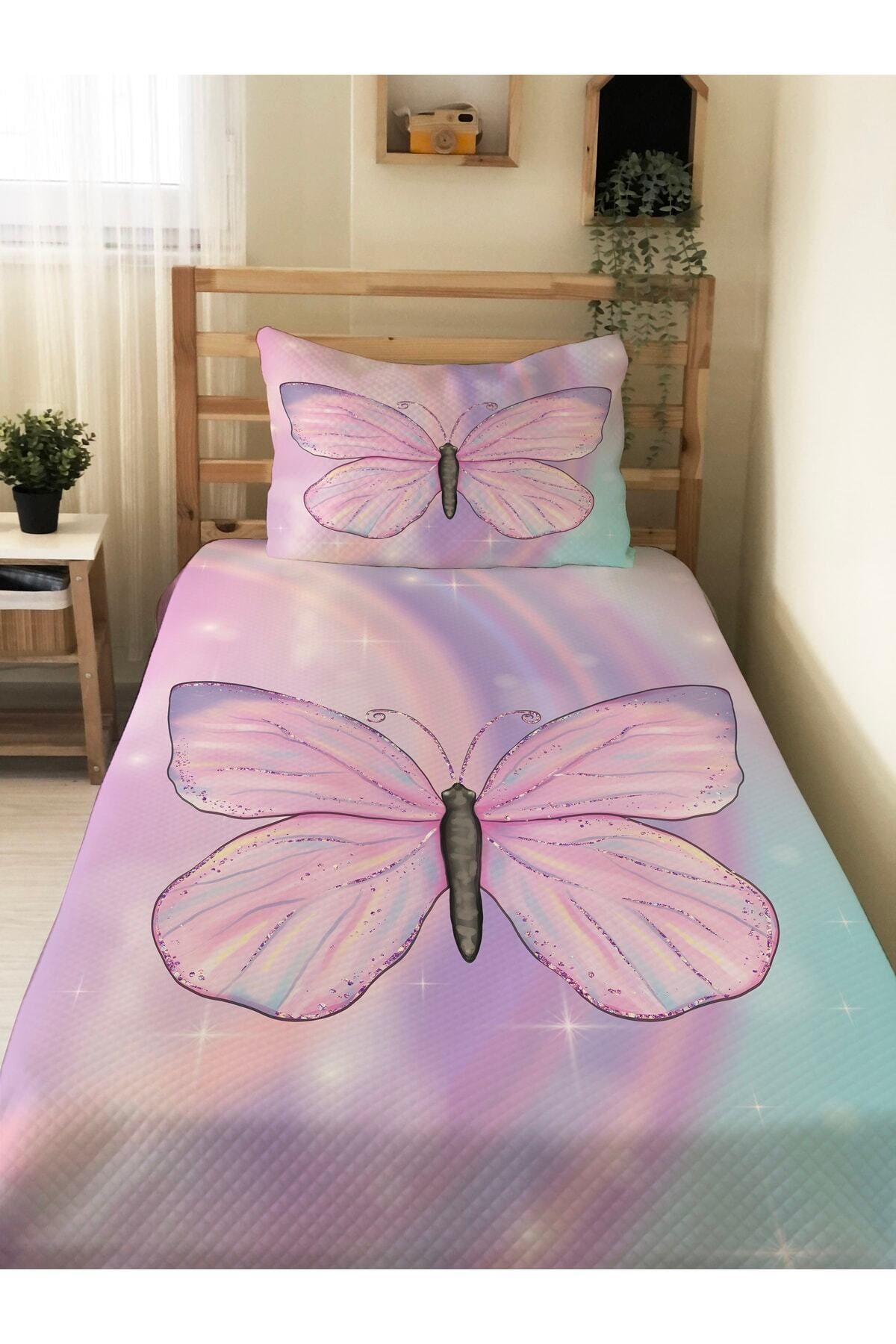 Kelebek Desenli Bebek ve Çocuk Baskılı Tek Kişilik Pike Takımı 160x230 Pembe
