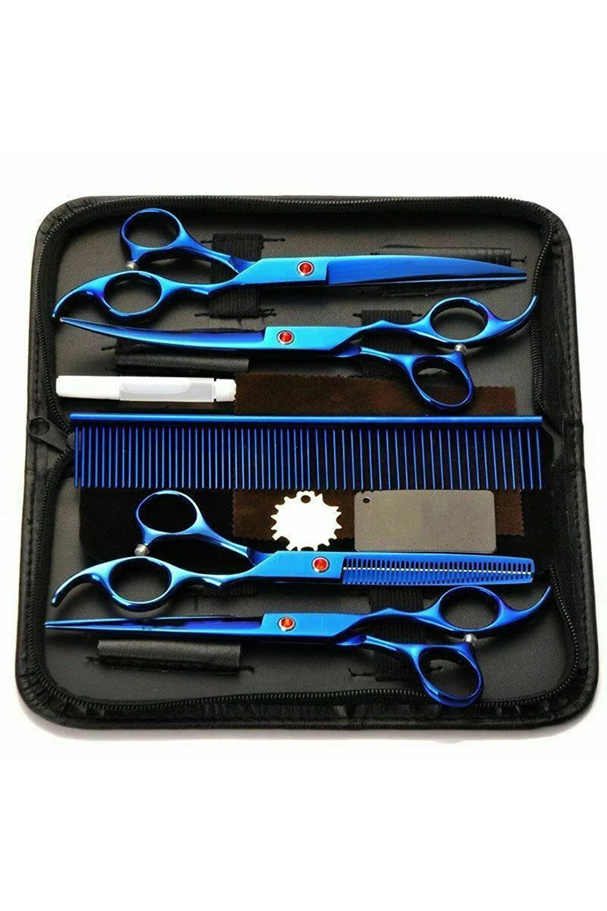 8 Parça 7.0 Inch 18 Cm Deri Çantalı Mavi Pet shop Evcil Hayvan Kedi Köpek Traş Kuaför Makas Seti