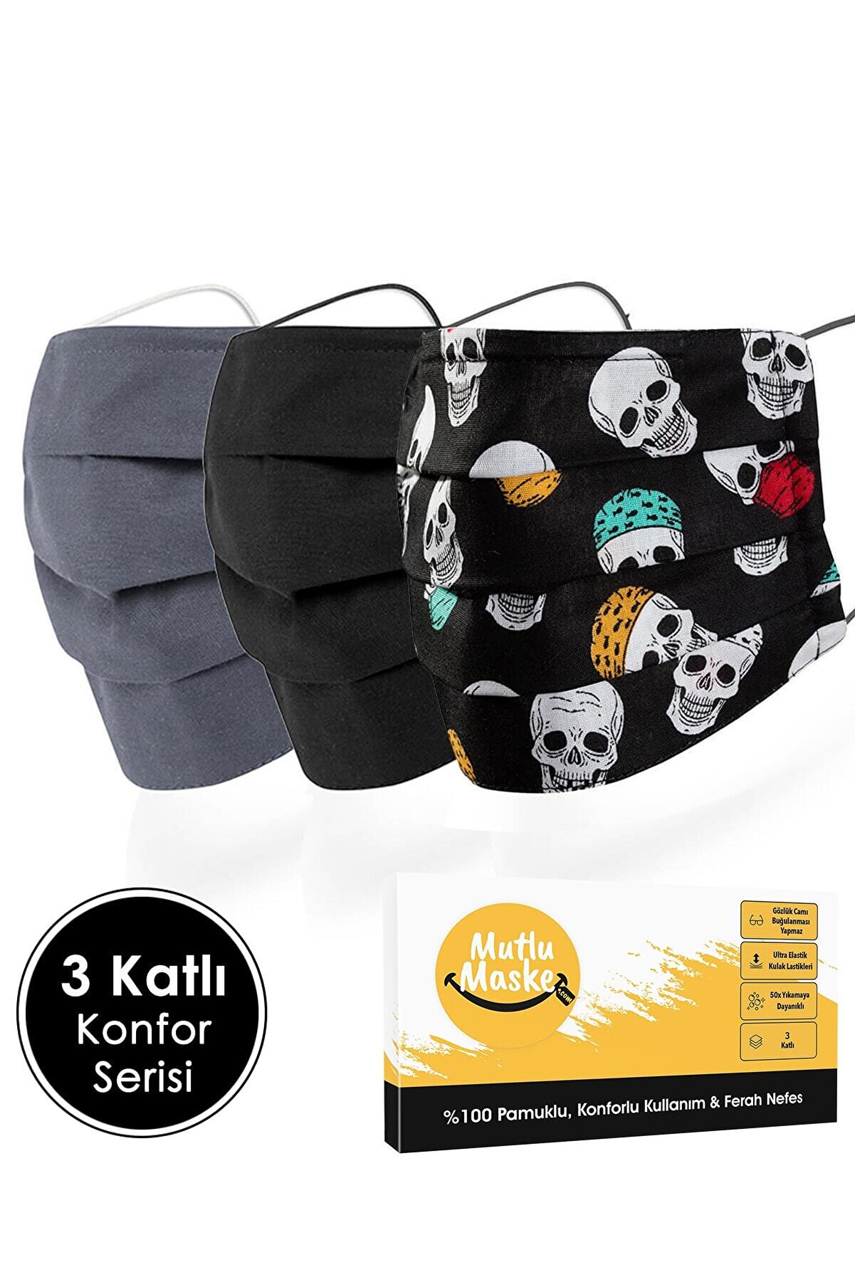 Konfor Serisi Lacivert Siyah Renkli Kuru Kafa Desenli Pamuklu Kumaş Yıkanabilir Bez Maske 3'lü Set