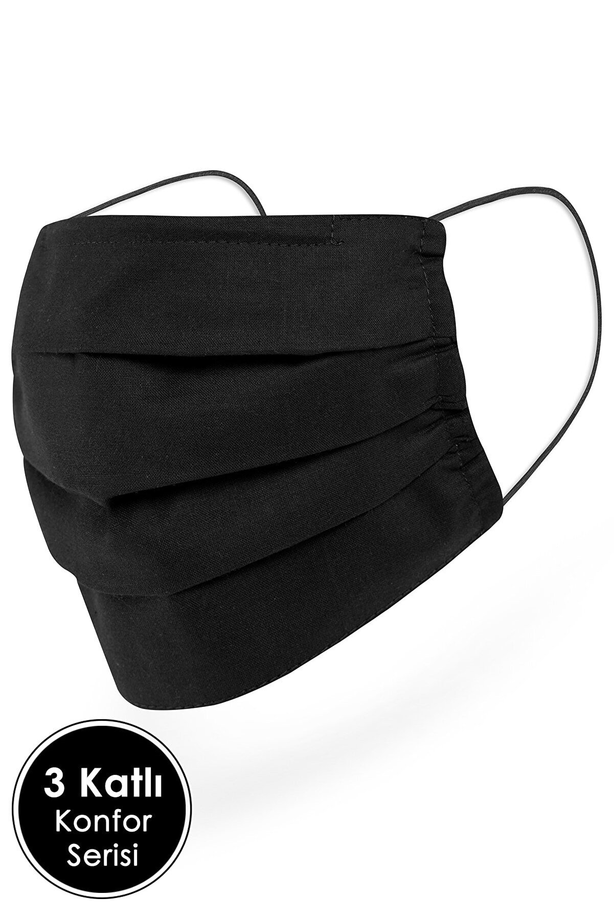 Konfor Modeli 3 Katlı Uzun Burun Telli Siyah Renkli Unisex %100 Pamuklu Kumaş Yıkanabilir Maske