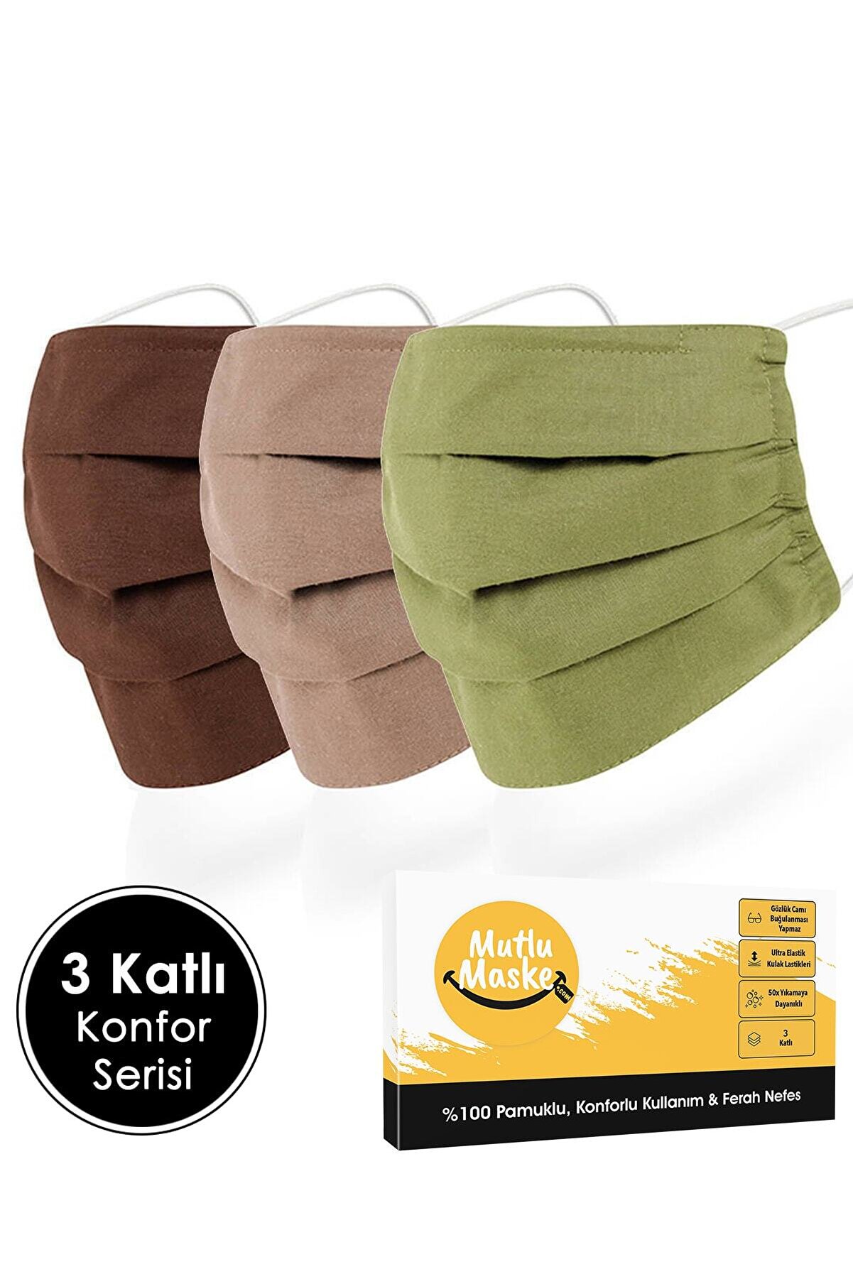 Konfor Serisi 3 Katlı Telli Kahverengi Bej Haki Renkli %100 Pamuk Kumaş Yıkanabilir Maske 3'lü Set