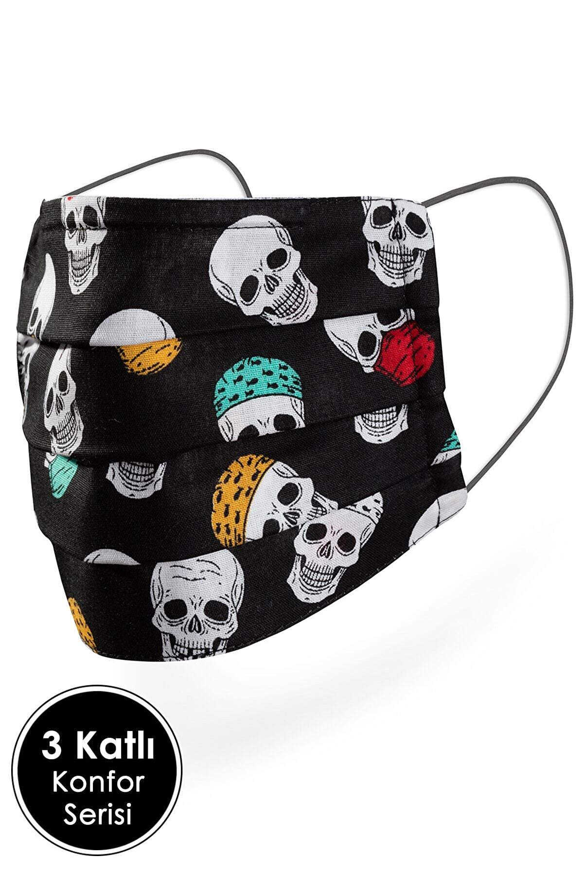 Konfor Modeli 3 Katlı Telli Siyah Kuru Kafa Desenli Unisex Pamuklu Kumaş Yıkanabilir Bez Maske