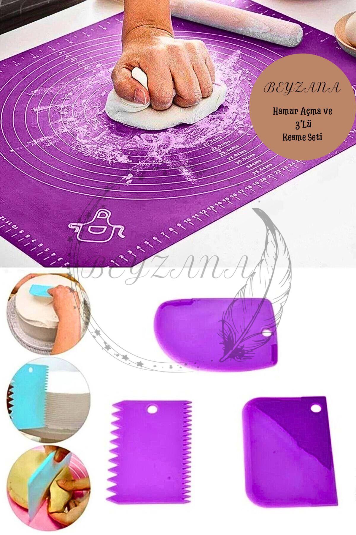 Silikon Hamur Açma Matı Ölçekli Hamur Açma Altlığı Ve 3'lü Hamur Kesici Kazıyıcı Dekoratör Set