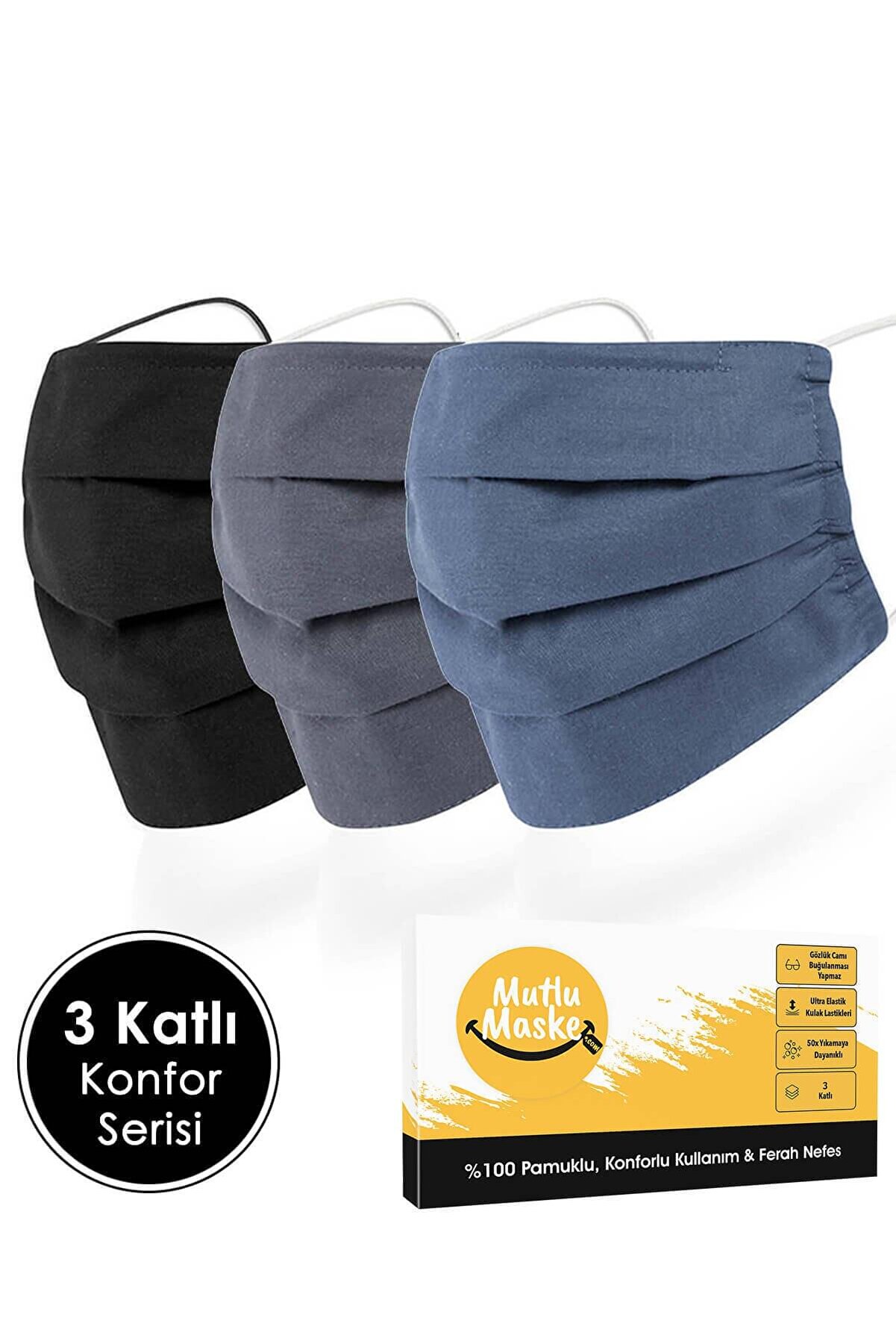 Konfor Serisi 3 Katlı Telli Siyah Gri Lacivert Renkli Pamuklu Kumaş Yıkanabilir Bez Maske 3'lü Set