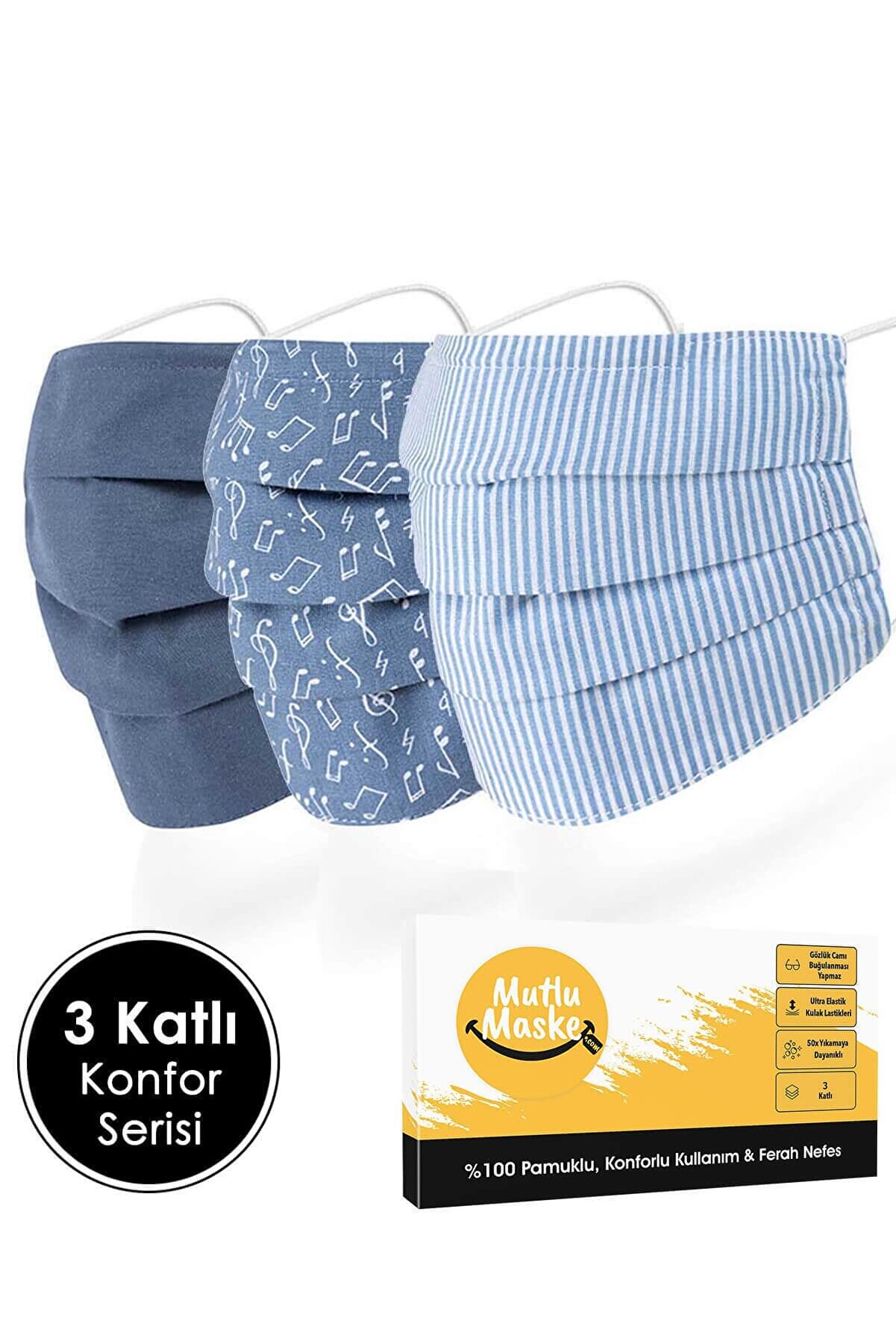 Konfor Serisi Mavi Renkli Nota Çizgili Desenli Telli Pamuklu Kumaş Yıkanabilir Bez Maske 3'lü