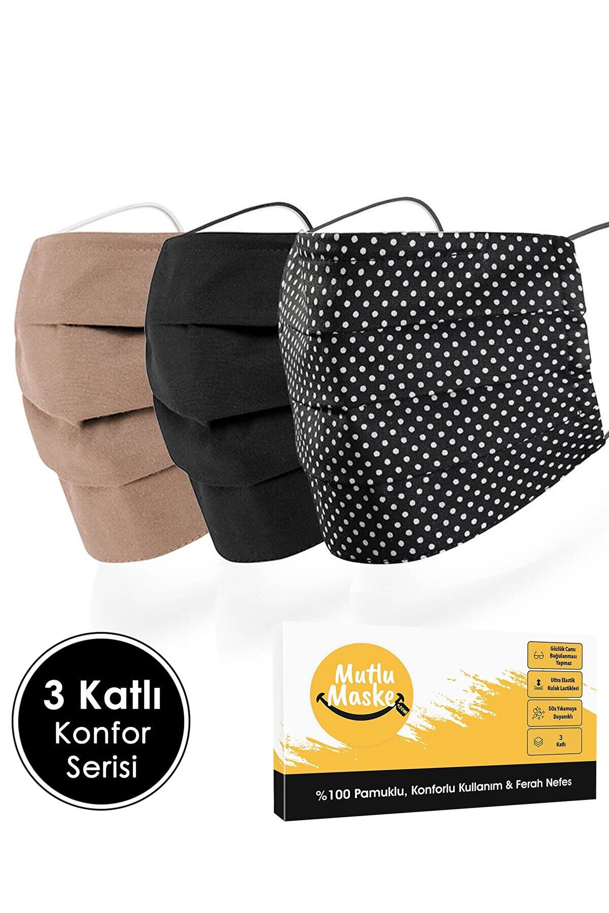 Konfor Serisi Bej Siyah Renkli Puantiyeli Desenli Telli Pamuklu Kumaş Yıkanabilir Bez Maske 3'lü Set