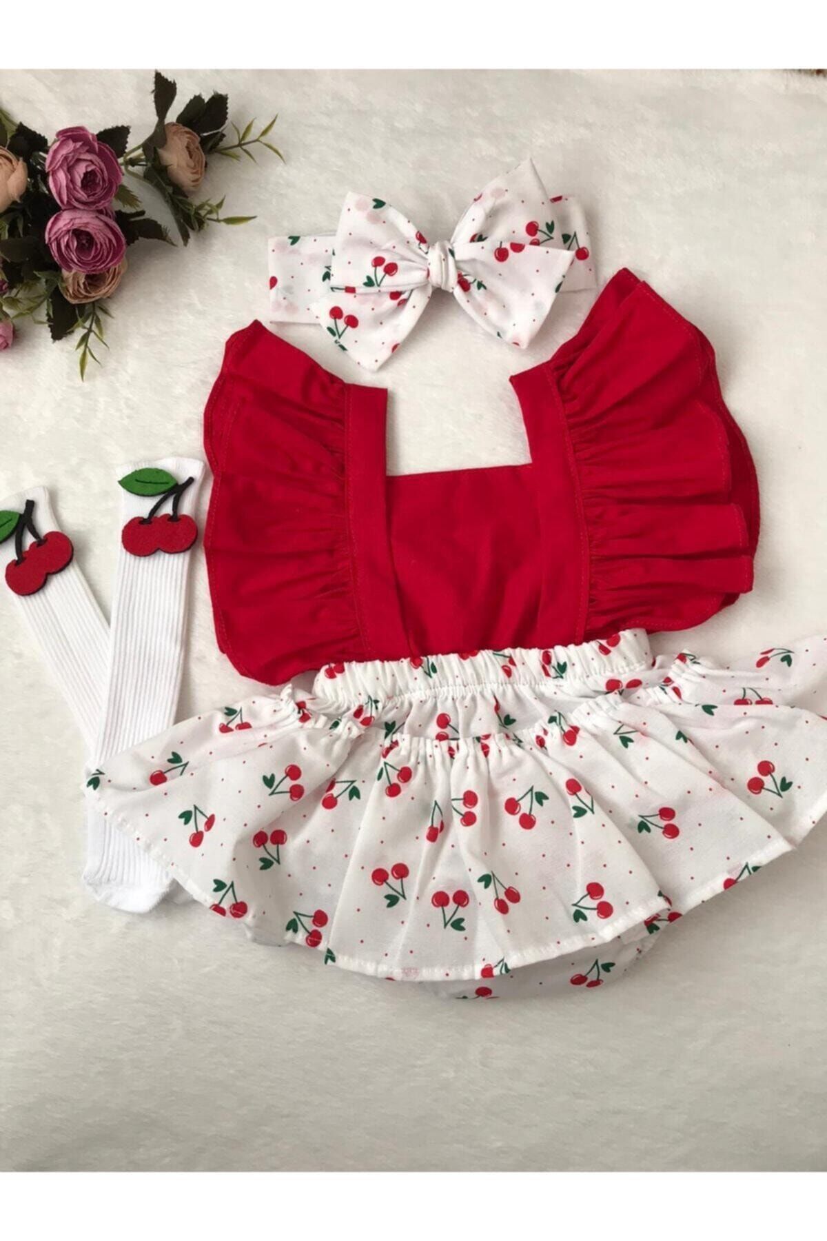 Kız Çocuk Kırmızı Kiraz Desen Slopet Bandana Kiraz Çorap Set