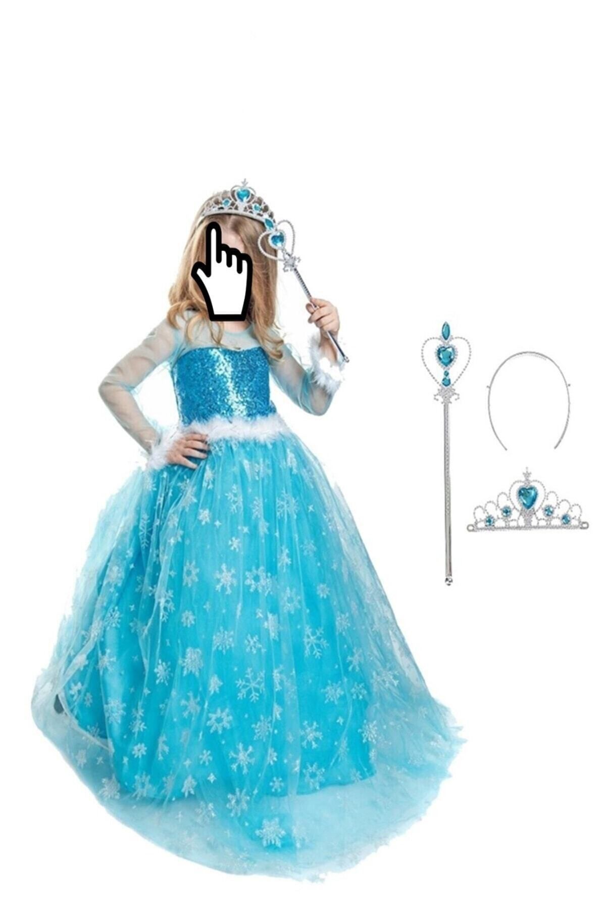 Elsa Elbise - Frozen Kostüm Taç Asa Eldiven Hediye Frozen Uzun Kollu Tarlatanlı Kostüm