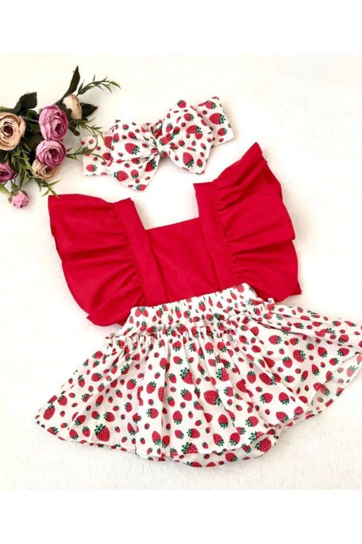Kız Bebek Çilek Desen Salopet Bandana Set