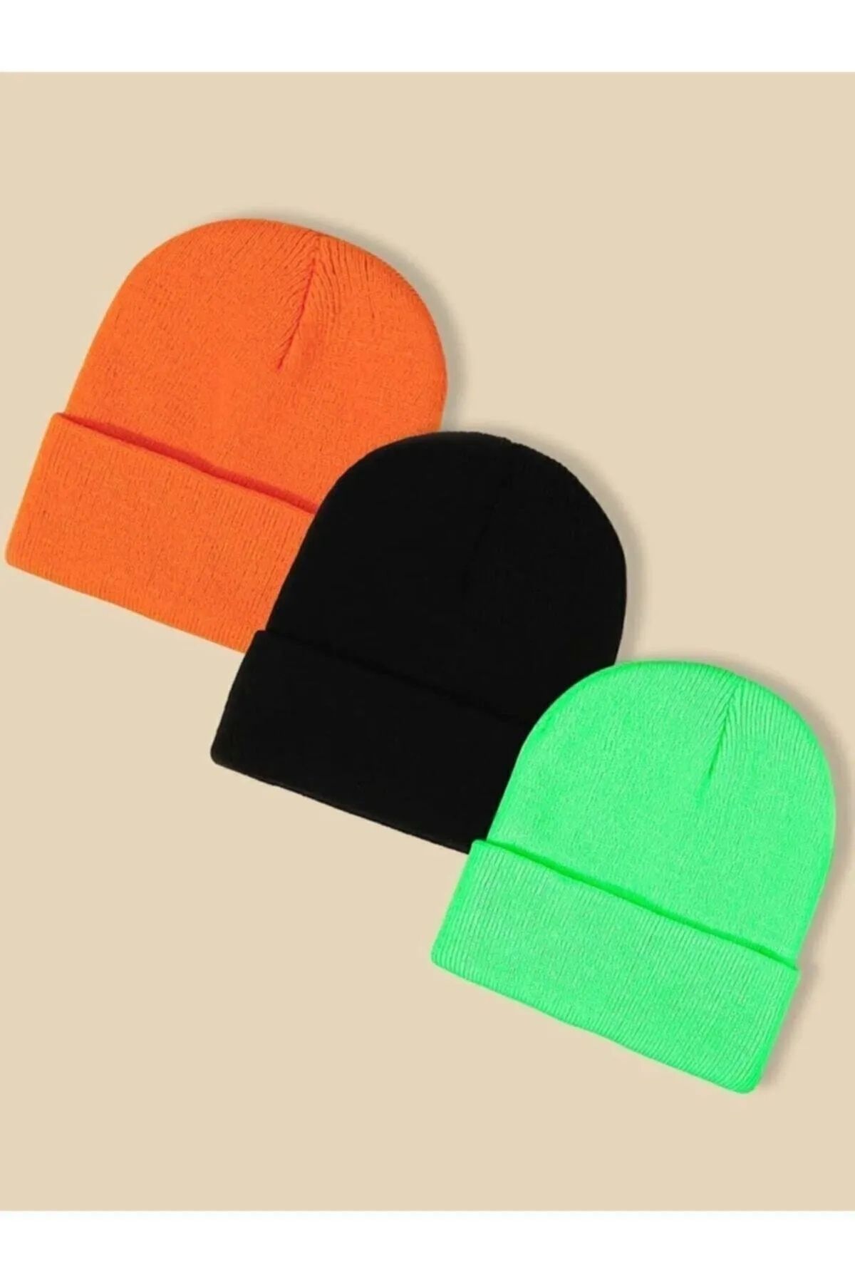 Unisex Katlamalı Turuncu Siyah Ve Neon Yeşil 3'lü Kışlık Bere Seti