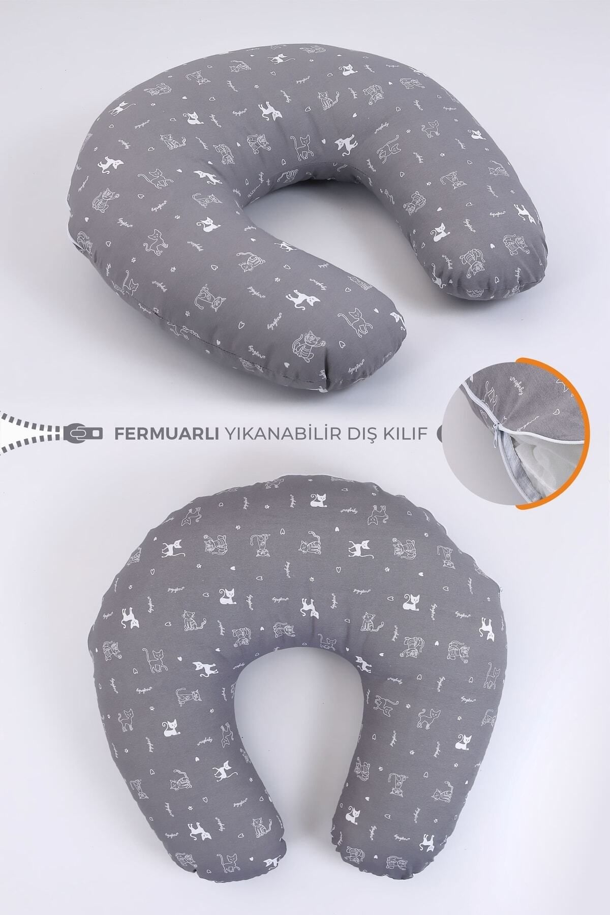 Çift Taraflı Emzirme Yastığı Bebek Destek Minderi Pamuk Kumaş - Gri Kedi