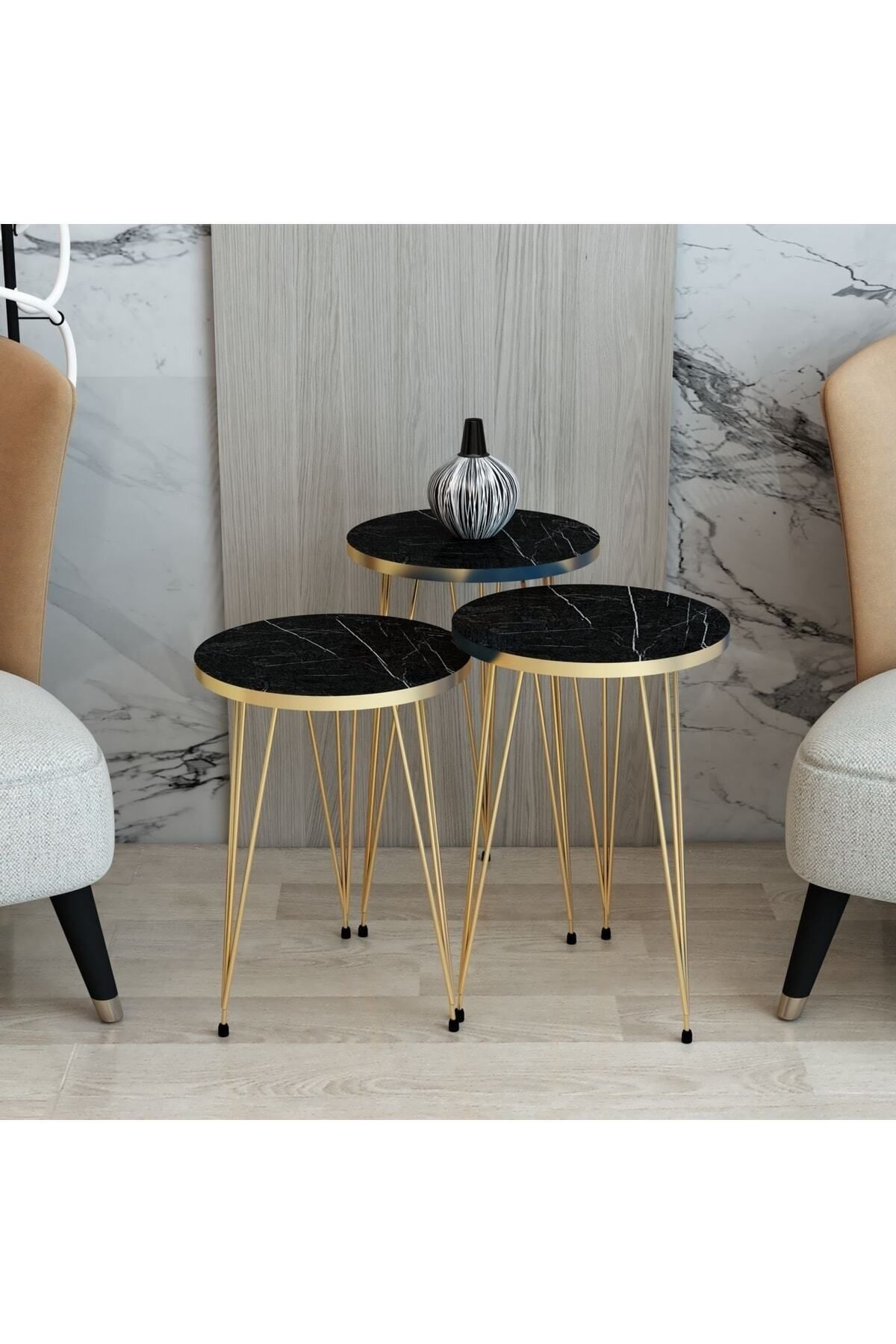 Siyah Mermer Desenli Üçlü Zigon Sehpa,gold Metal Ayaklı Zigon Sehpa,siyah Zigon Sehpa Seti
