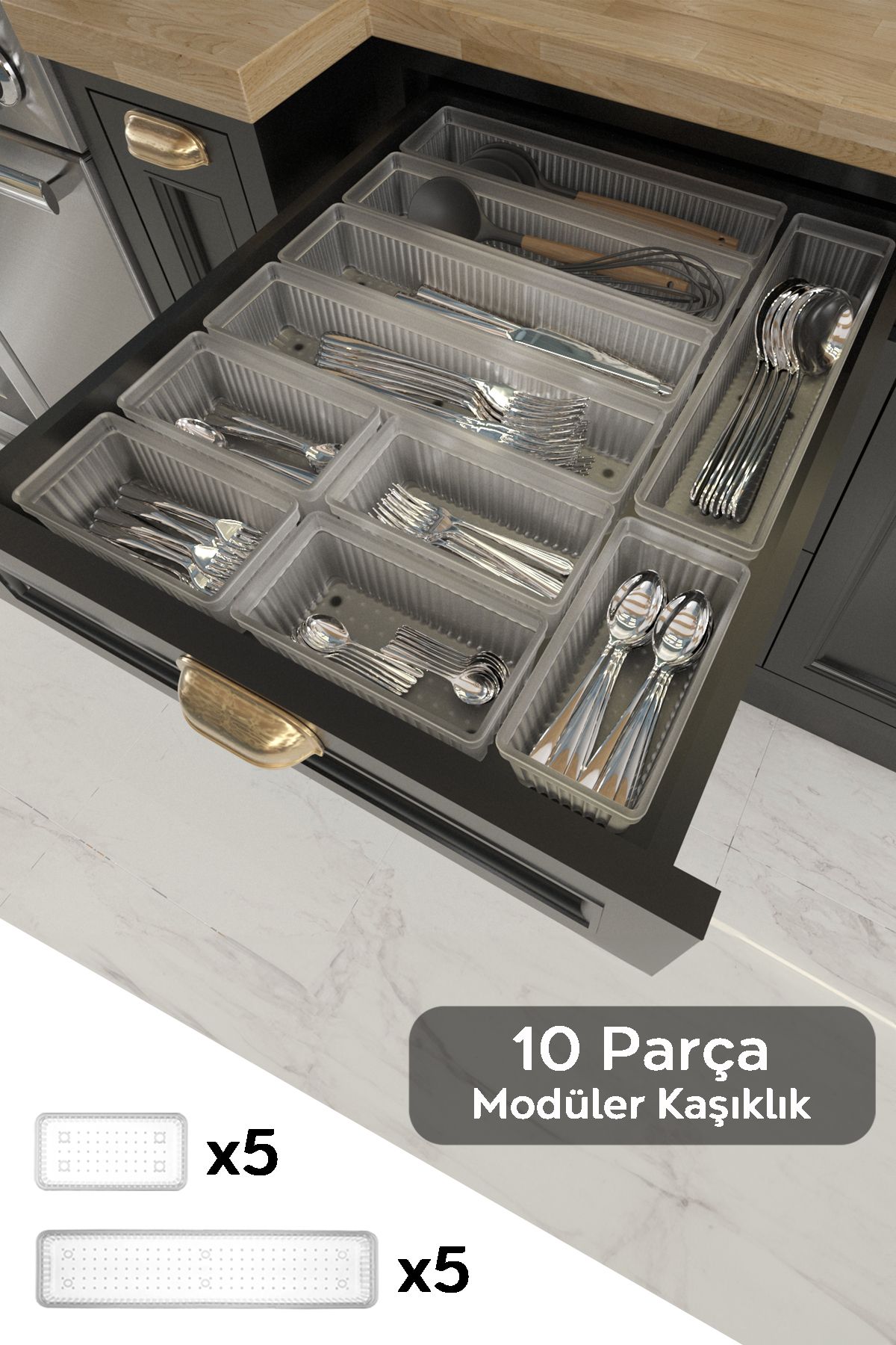 10'lu Modüler Set Kaşıklık Çekmece Içi Düzenleyici Çatal Kaşık Bıçak Düzenleme Organizeri Şeffaf