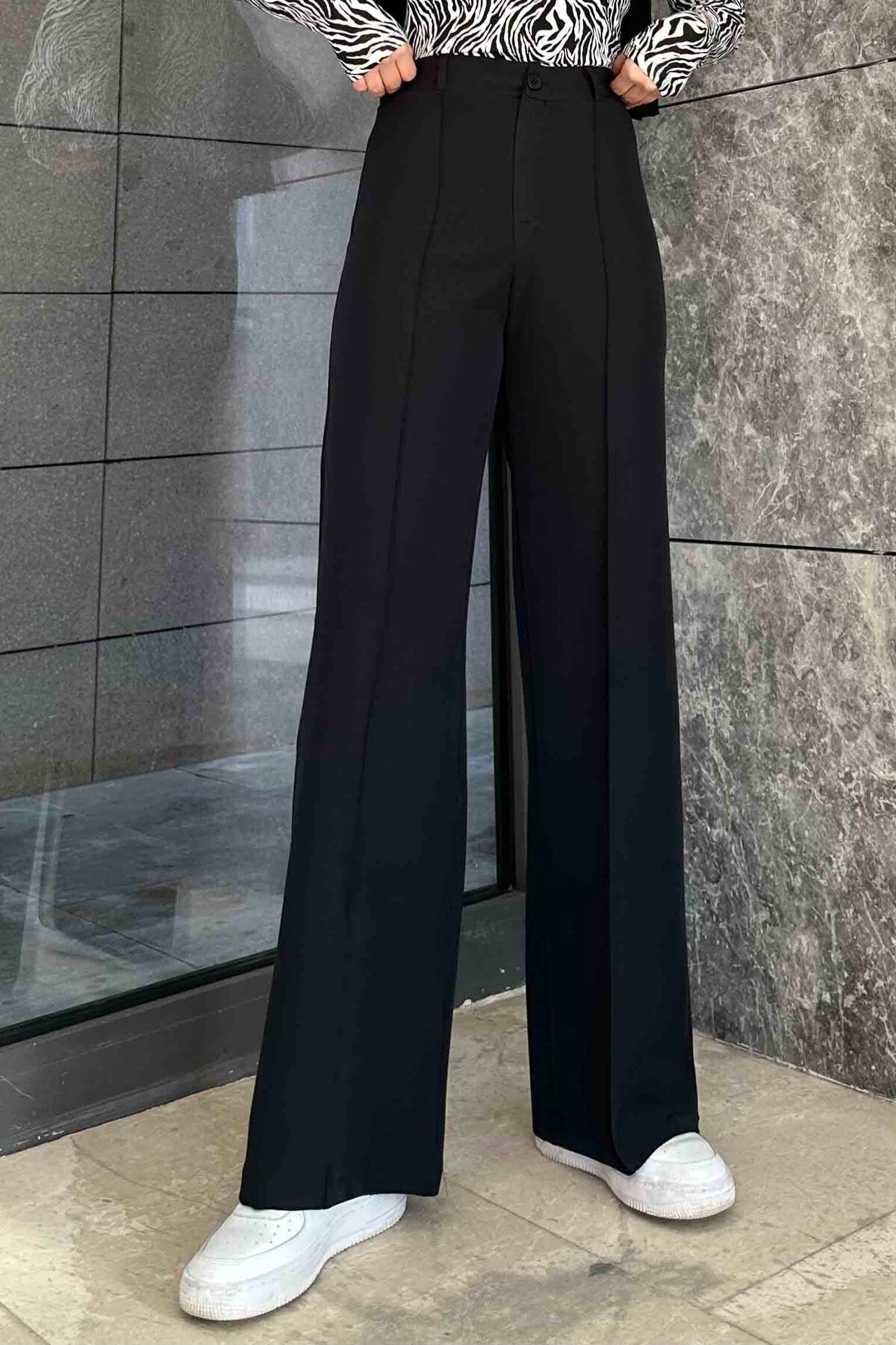 Çımalı Bol Paça Pantolon Siyah