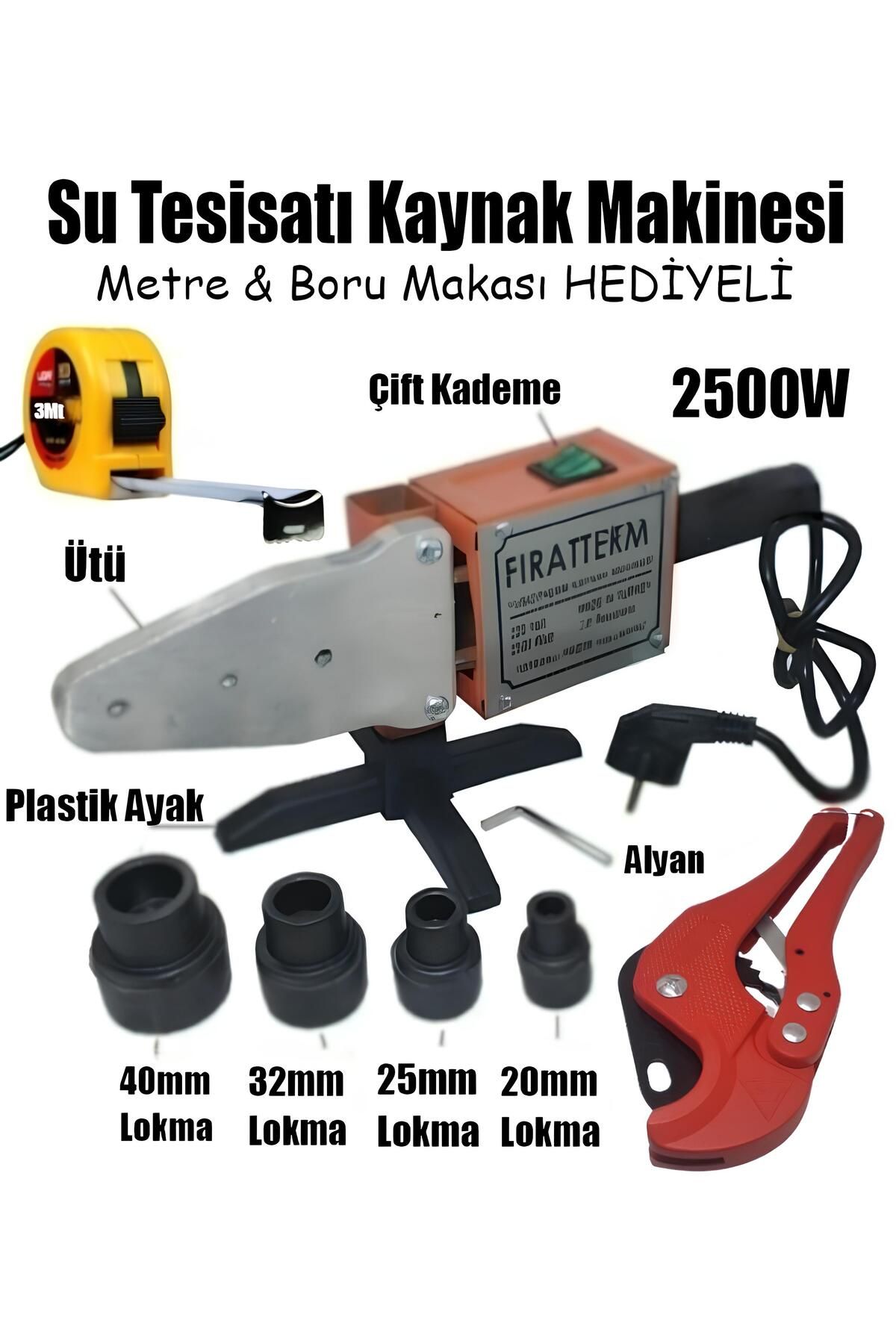 2500W Su Tesisatı Plastik Boru Kaynak Makinesi Çift Kademe Ayarlı Çantalı Makas Pafta Ucu Alyan Seti