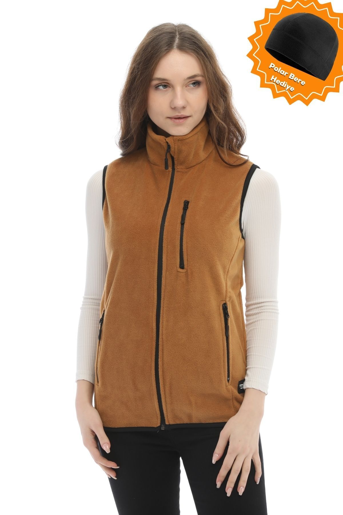Kadın Camel Polar Çok Cepli Trekking Spor Yelek
