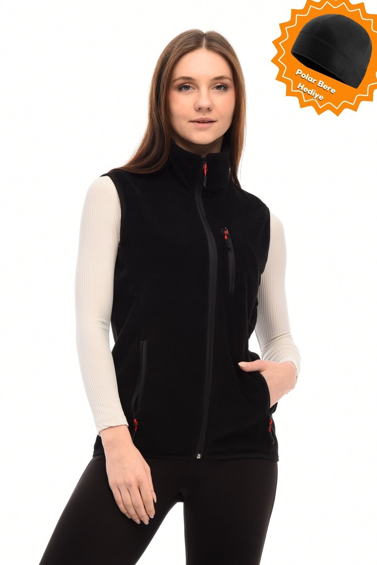 Kadın Siyah Polar Çok Cepli Trekking Spor Yelek