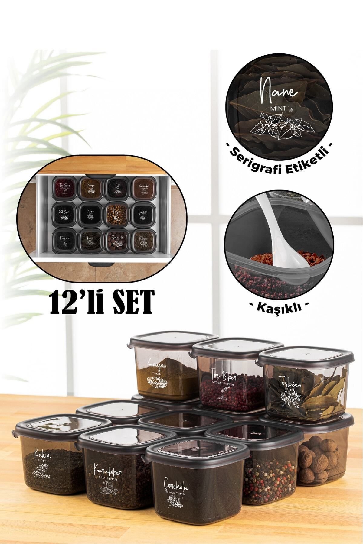Beyaz Serigrafi Etiketli Kaşıklı 12li Peggy Erzak Saklama Kabı 0,55 Litre Baharatlık Antrasit