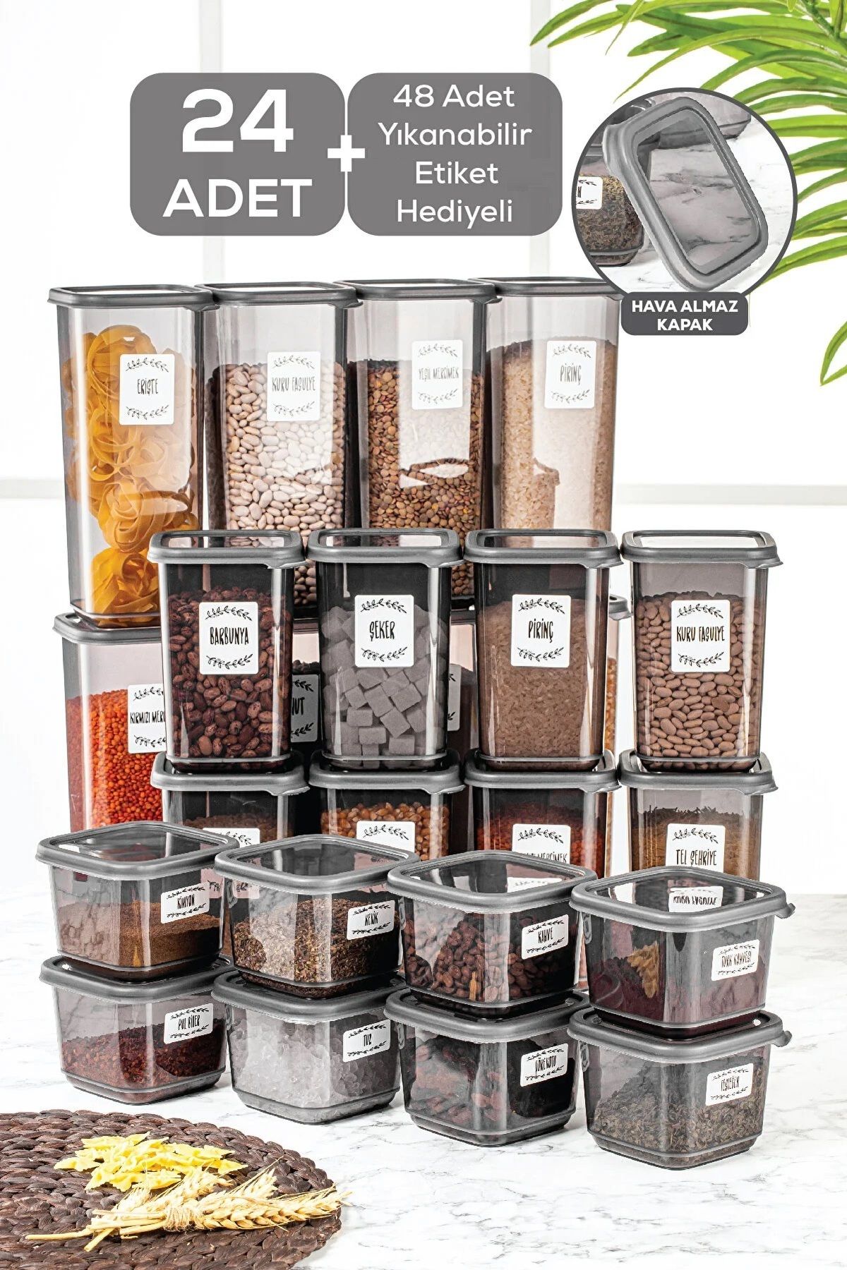 24'lü Set Kapaklı Kare Erzak Saklama Kabı Antrasit 8x(0,50 LT-1,10 LT -1,70 LT) Etiket Hediyeli