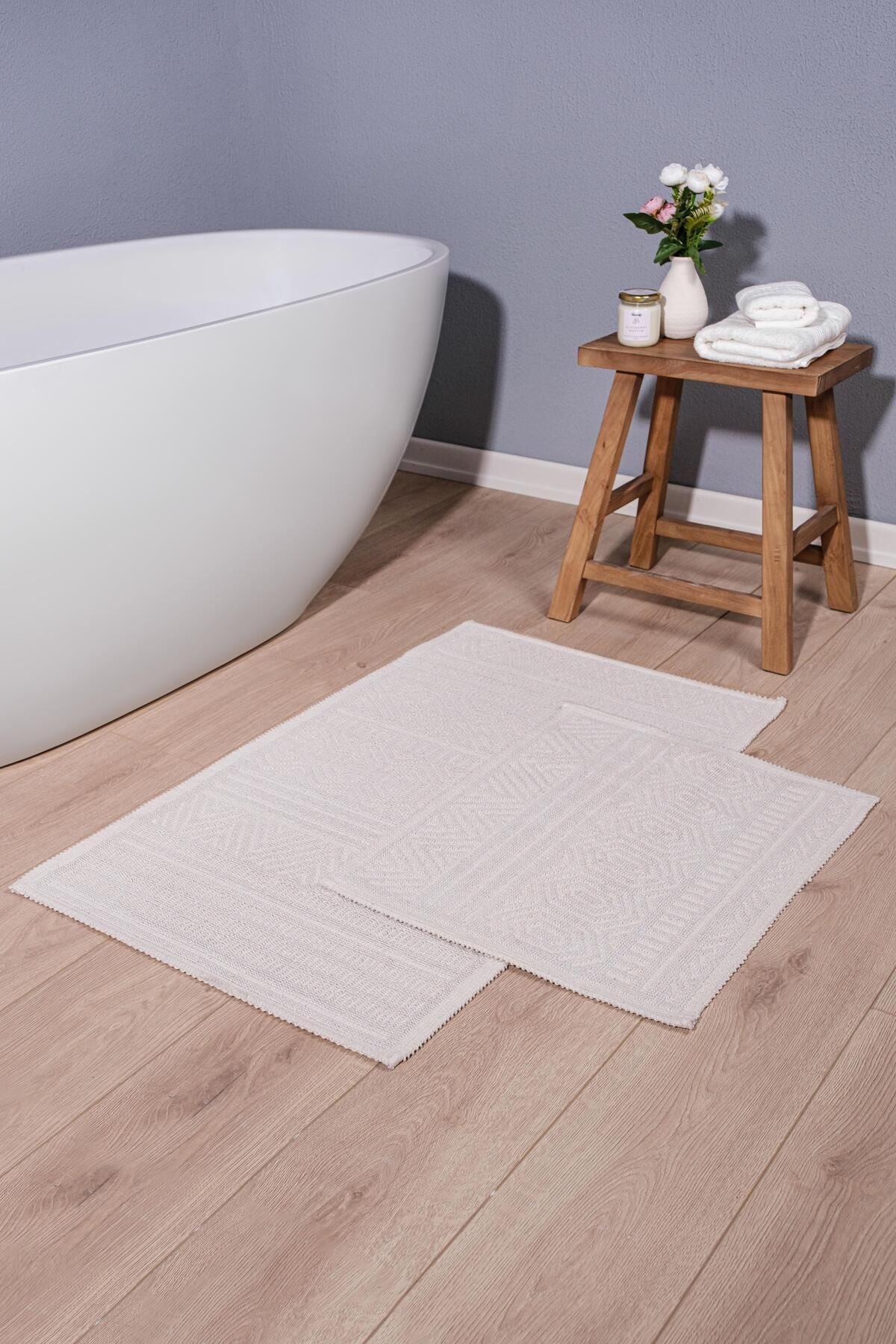 Hat Doğal Pamuklu 2'li Banyo Paspas Seti 60x100 50x60 Cm - Ekru