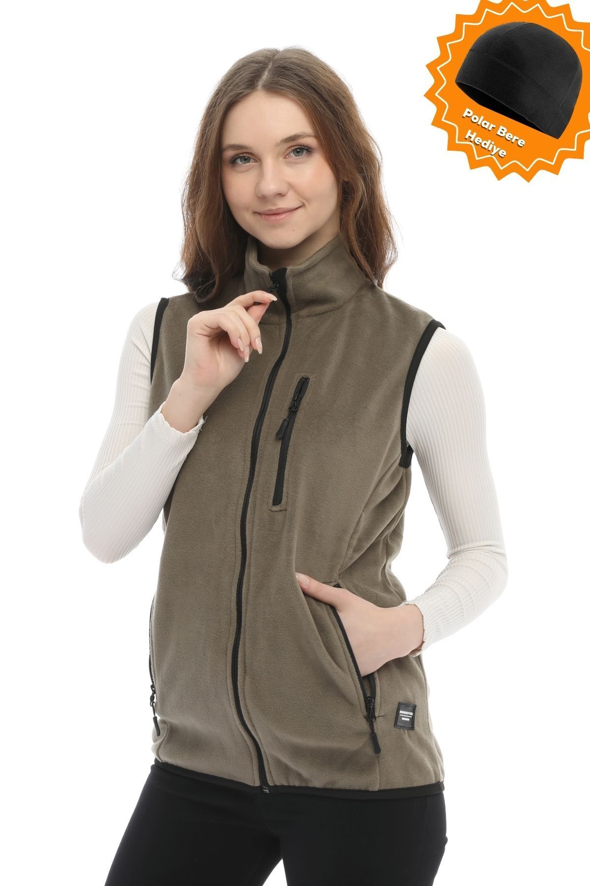 Kadın Haki Polar Çok Cepli Trekking Spor Yelek