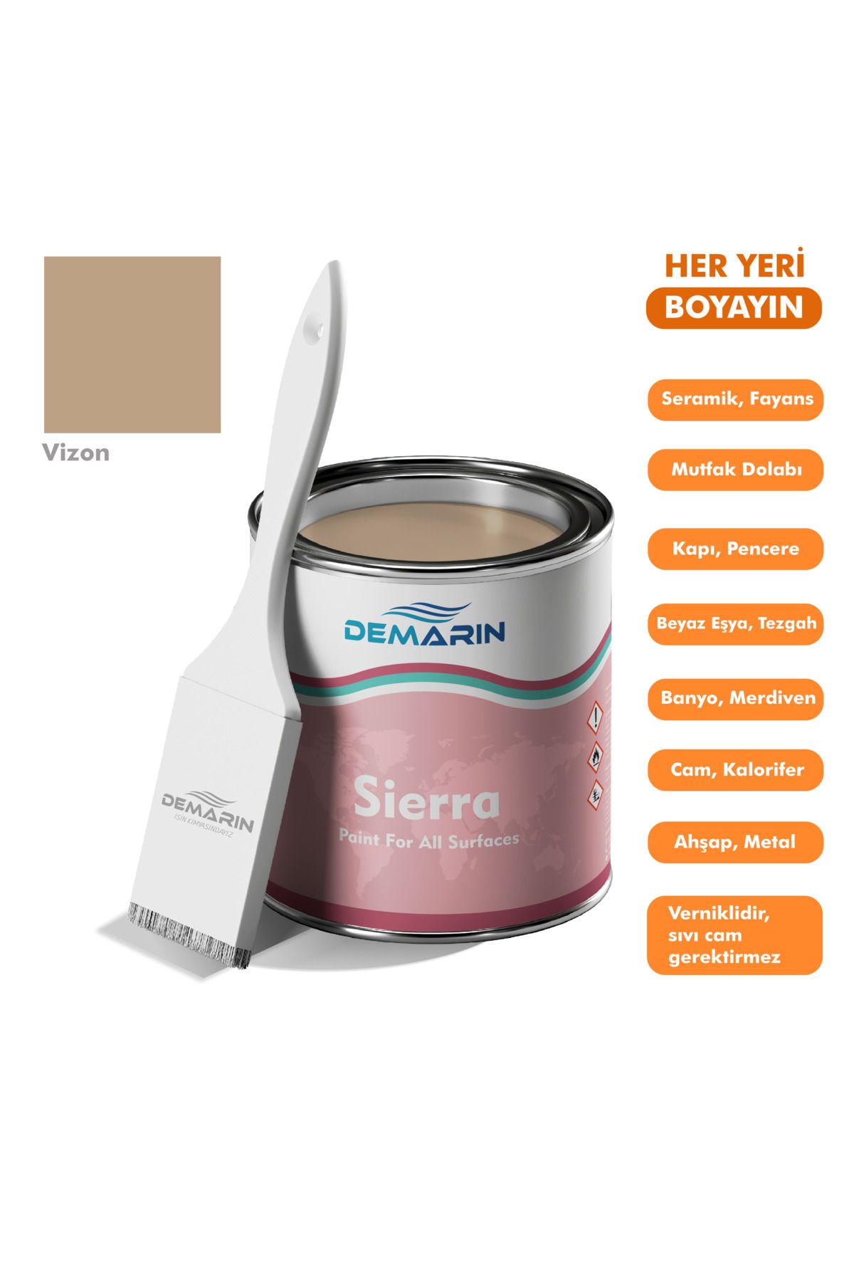 Her Şeyi Boyayabilen Sierra Tek Bileşen Fayans, Tezgah, Seramik, Mobilya, Zemin Boyası Vizon 1 Kg