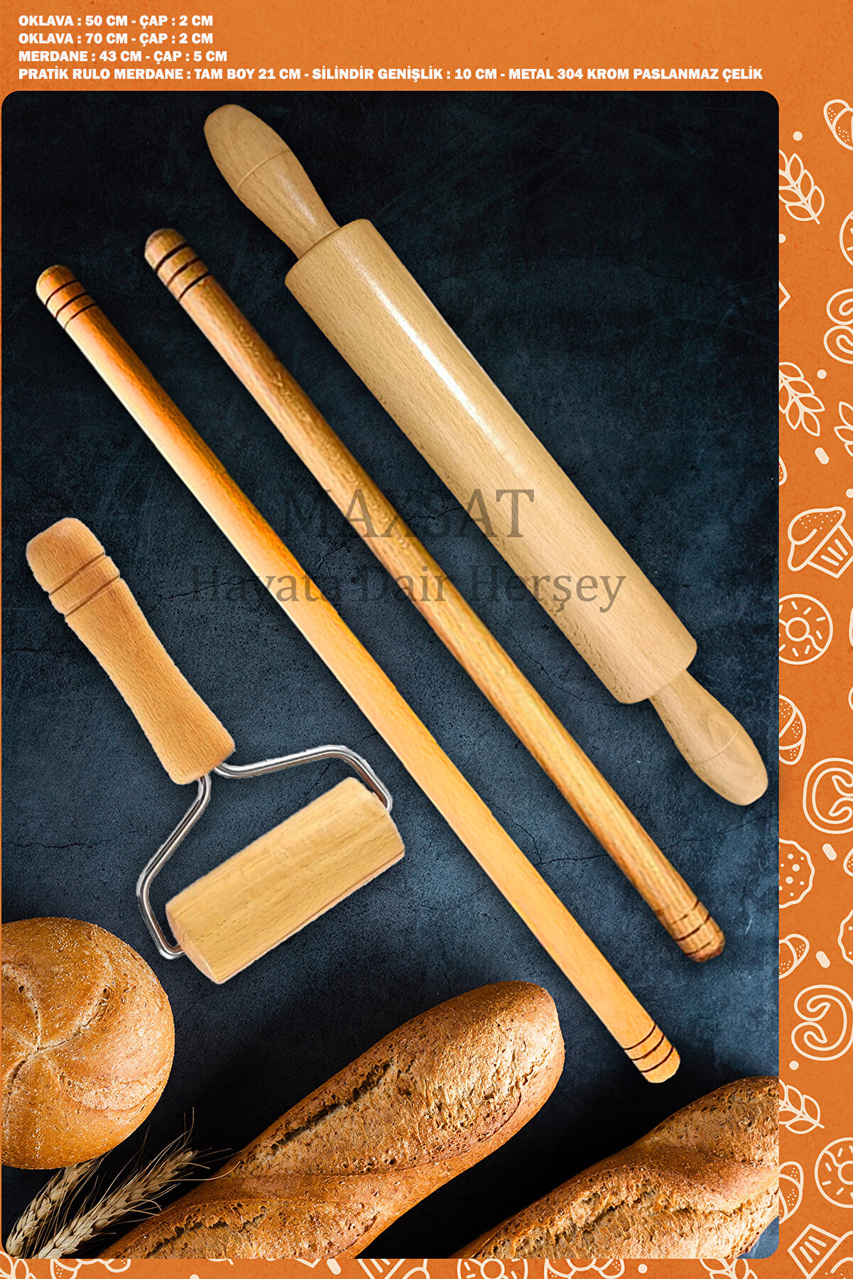 Ahşap Saplı Rulo Hamur Açıcı Ahşap Oklava Merdane Hamur Açma Oklava Seti Merdanesi 4 Parça 250920231