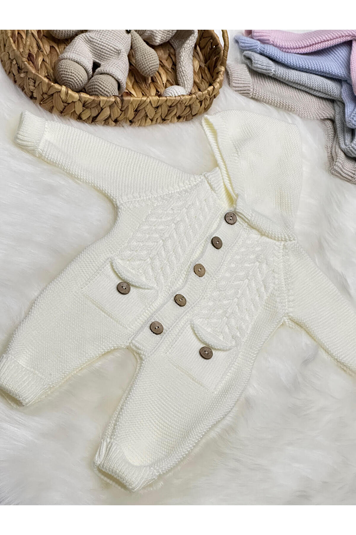 (PATİK HEDİYELİ) Littleland Cepli Triko Bebek Tulum