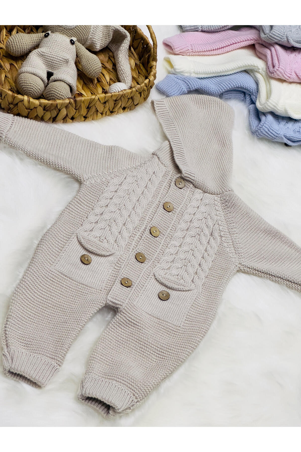 (PATİK HEDİYELİ) Littleland Cepli Triko Bebek Tulum