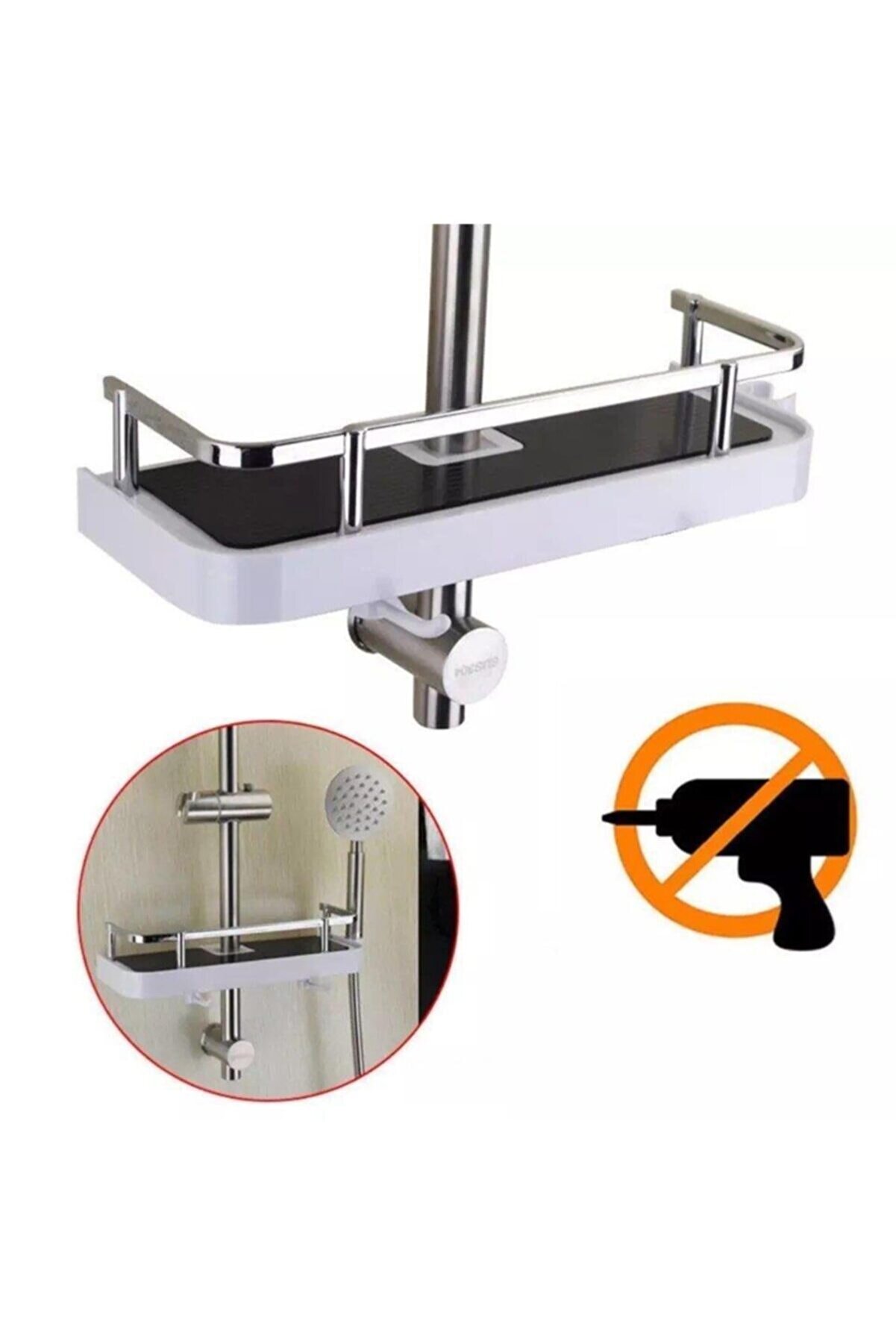 Duş Metalik Korumalı Sabunluk Şampuanlık Boru Monteli Raf