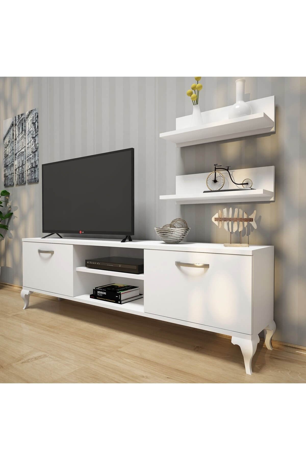 Rani A4 Duvar Raflı Tv Sehpası Kitaplıklı Tv Ünitesi Modern Ayaklı Tasarım 150 Cm Beyaz