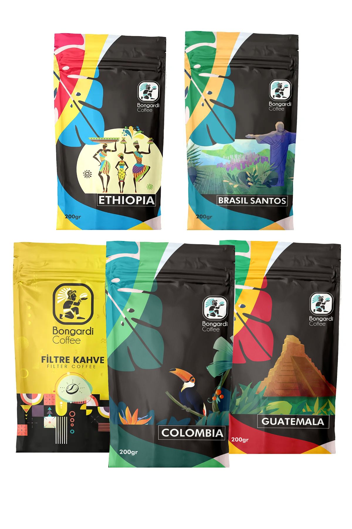 Brezilya Etiyopya Colombia Guatemala Daily Blend Kahve Seti 5x200g(ÇEKİRDK VEYA ÖĞÜTÜLMŞ SEÇİLEBLİR)